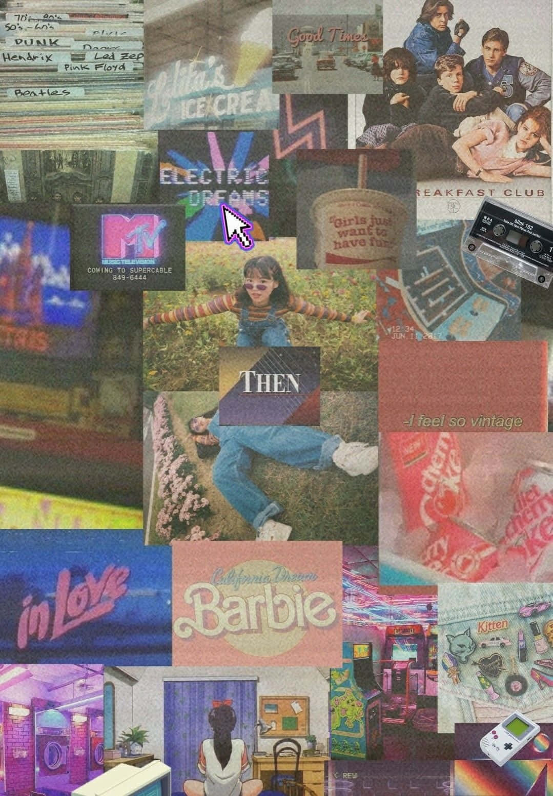色彩繽紛的80年代流行文化紀念品拼貼畫，包括MTV標誌和電影海報。