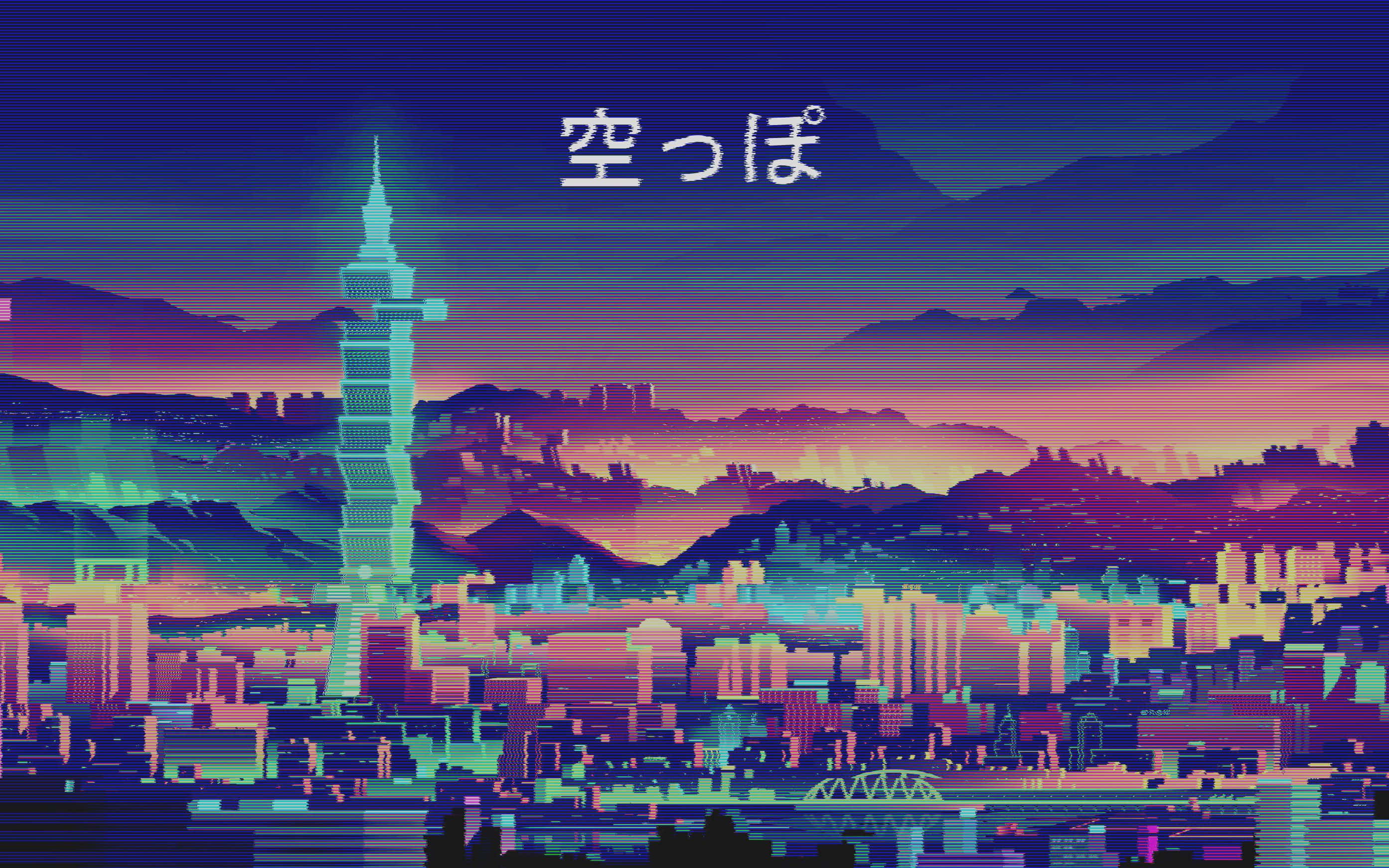 重現80年代的復古風情 壁紙 — 黃昏時分，霓虹燈籠罩的復古未來主義城市景觀，帶有發光的塔樓和故障藝術效果。
