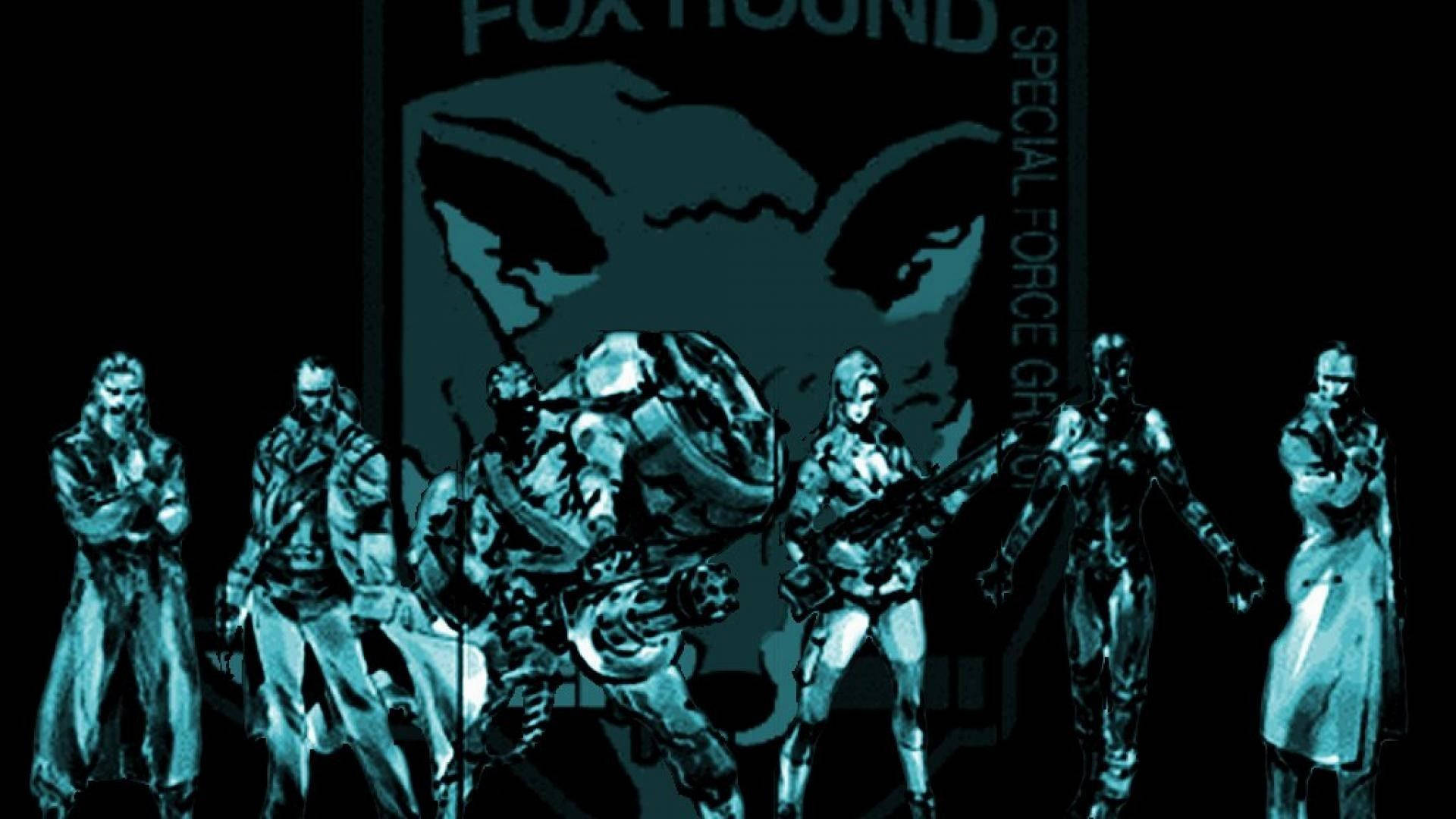 六名身穿青綠色裝備的動漫士兵站在 Fox Hound 特種部隊海報前。