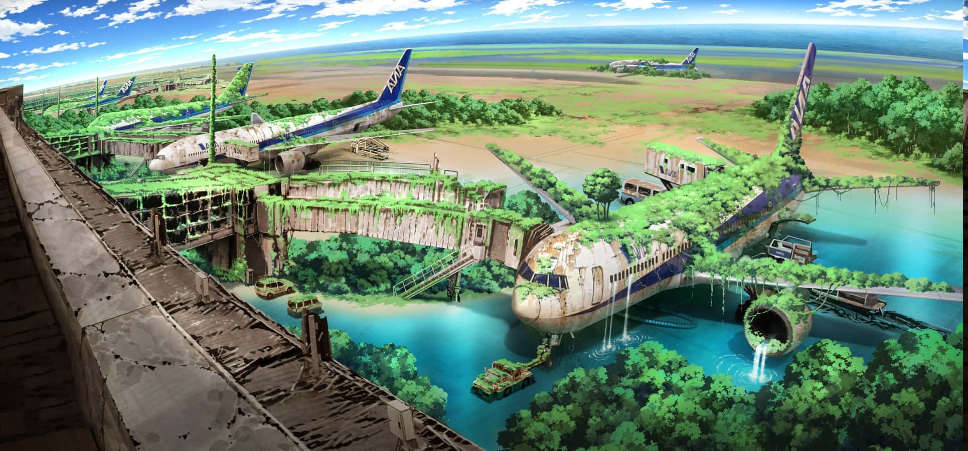 重現的動漫風景 壁紙 — 被遺棄的飛機被茂密的綠色植物覆蓋，在明亮的藍天下寧靜的熱帶景觀中。