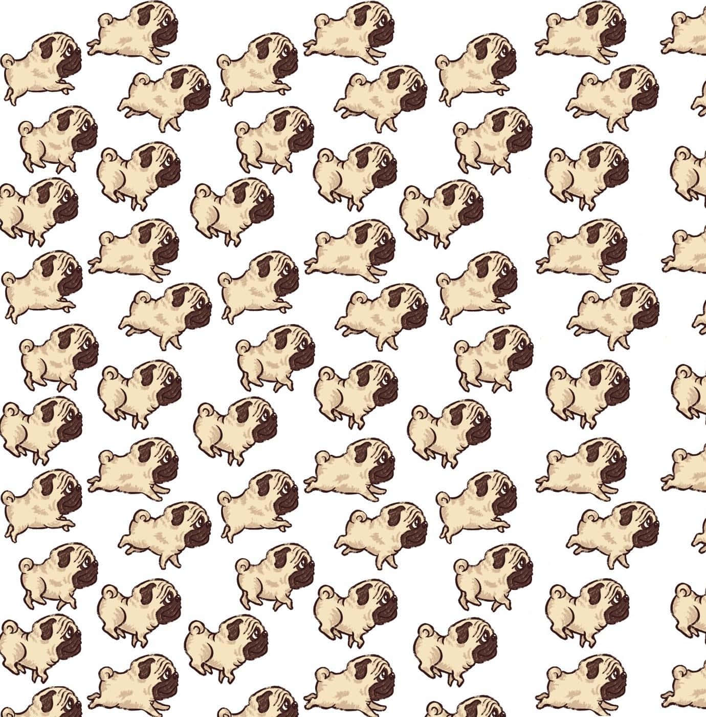Kawaii Dog 桌布 壁紙 — 重複嘅卡通八哥犬以米色同啡色喺乾淨嘅白色背景上奔跑，形成無縫圖案。