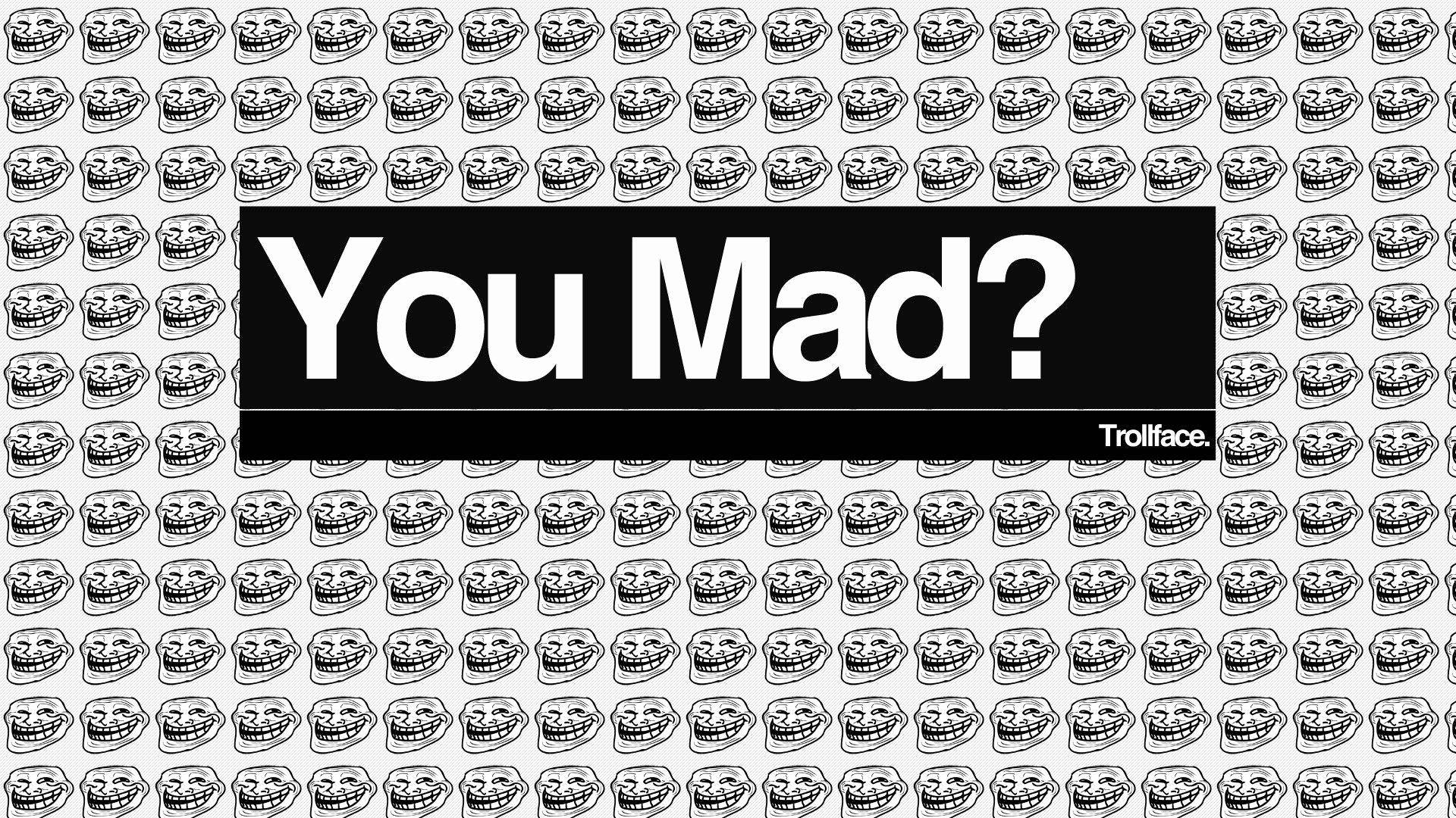 Troll Face 壁紙 — 重複的 trollface 迷因圖案，黑色橫條上有粗體白色文字寫著「You Mad?」。