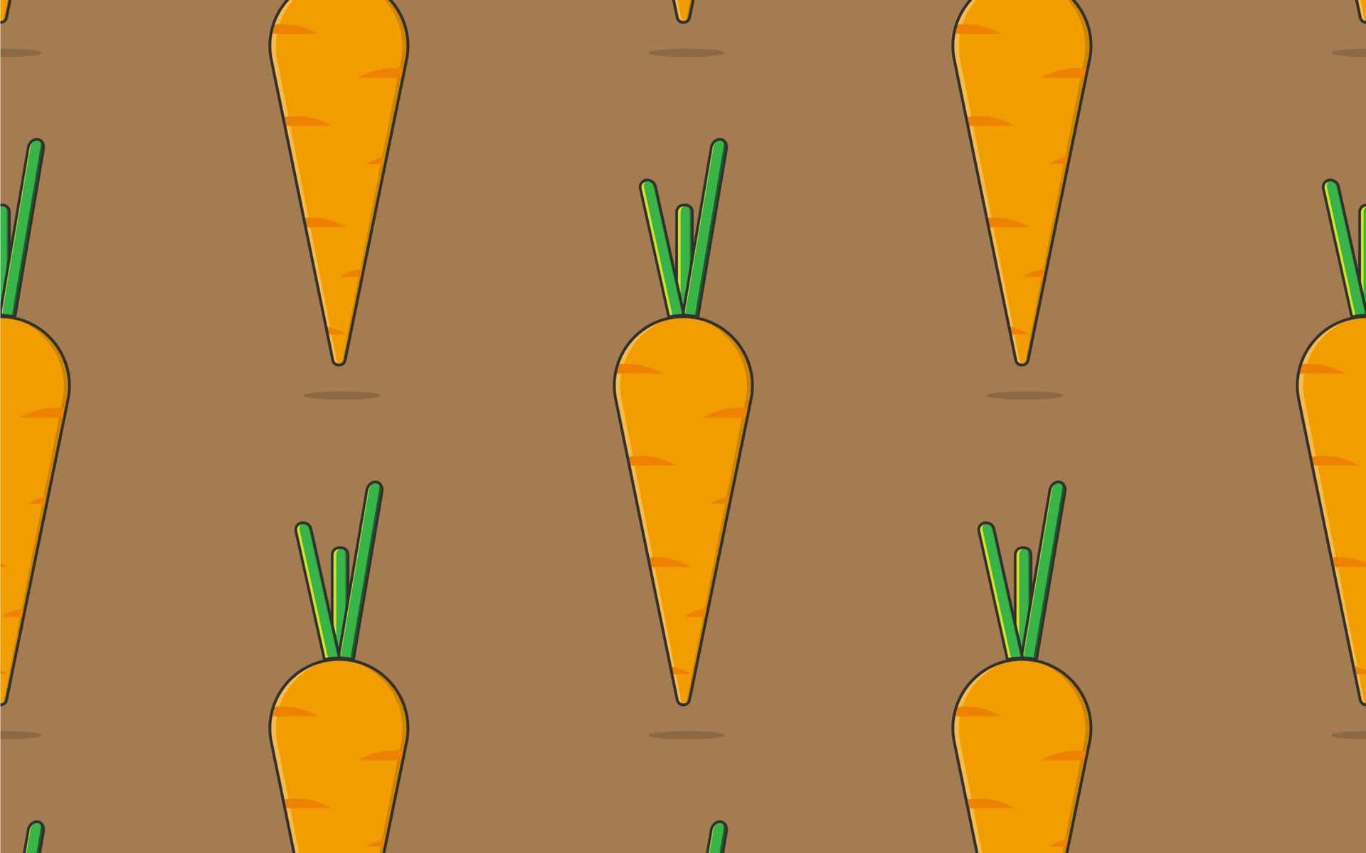 Carrot 桌布 壁紙 — 重複的卡通胡蘿蔔，帶有綠色頂部，在純棕色背景上形成無縫圖案。