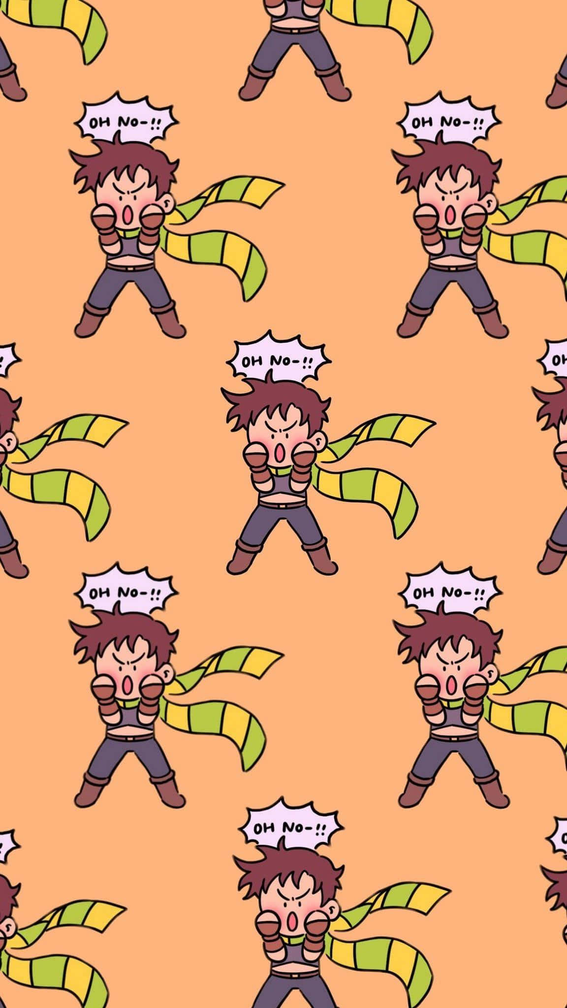 Jojo Meme 桌布 壁紙 — 重複的卡通角色，棕色頭髮，綠色黃色圍巾，在橙色背景上大喊「哦不」。
