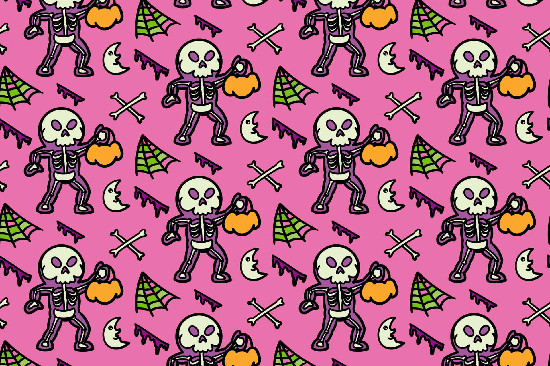 Skeleton Costumes 桌布 壁紙 — 重複的卡通骷髏拿著南瓜，背景是充滿活力的粉紅色，帶有綠色蝙蝠和骨頭。