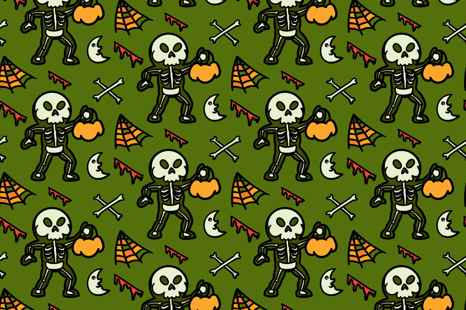 Skeleton Costumes 桌布 壁紙 — 重複的卡通骷髏拿著南瓜的圖案，背景為深綠色，帶有蝙蝠和骨頭。