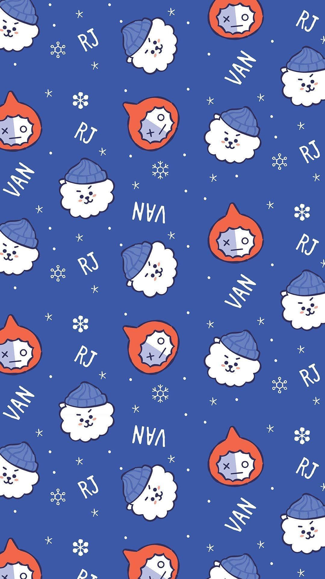 rj bt21 桌布 壁紙 — 重複的可愛卡通雪人和雪球，戴著帽子和臉孔，在深藍色背景上，有雪花和字母縮寫。