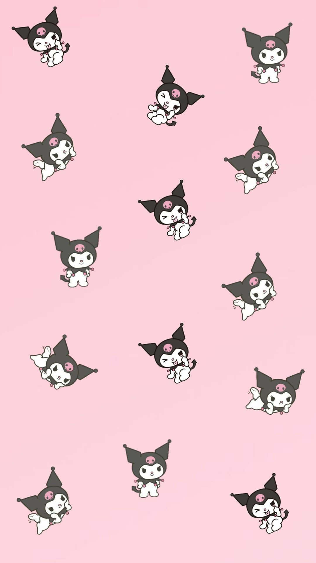 Kuromi Pattern 桌布 壁紙 — 重複的可愛黑白卡通貓角色，戴著粉紅色帽子，在柔和的粉紅色背景上頑皮地漂浮。