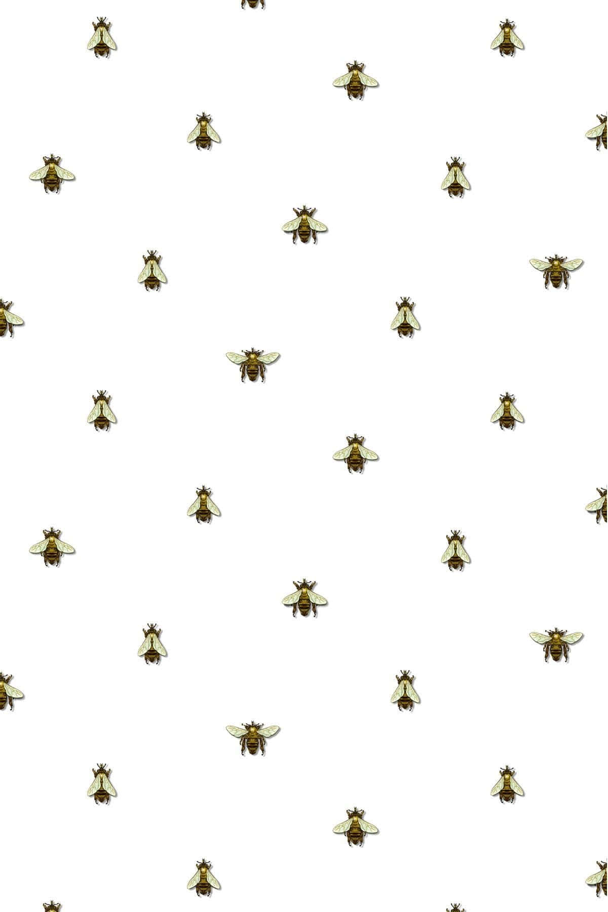 Aesthetic Bee 桌布 壁紙 — 重複的圖案，風格化的金色蜜蜂散落在潔白的背景上。
