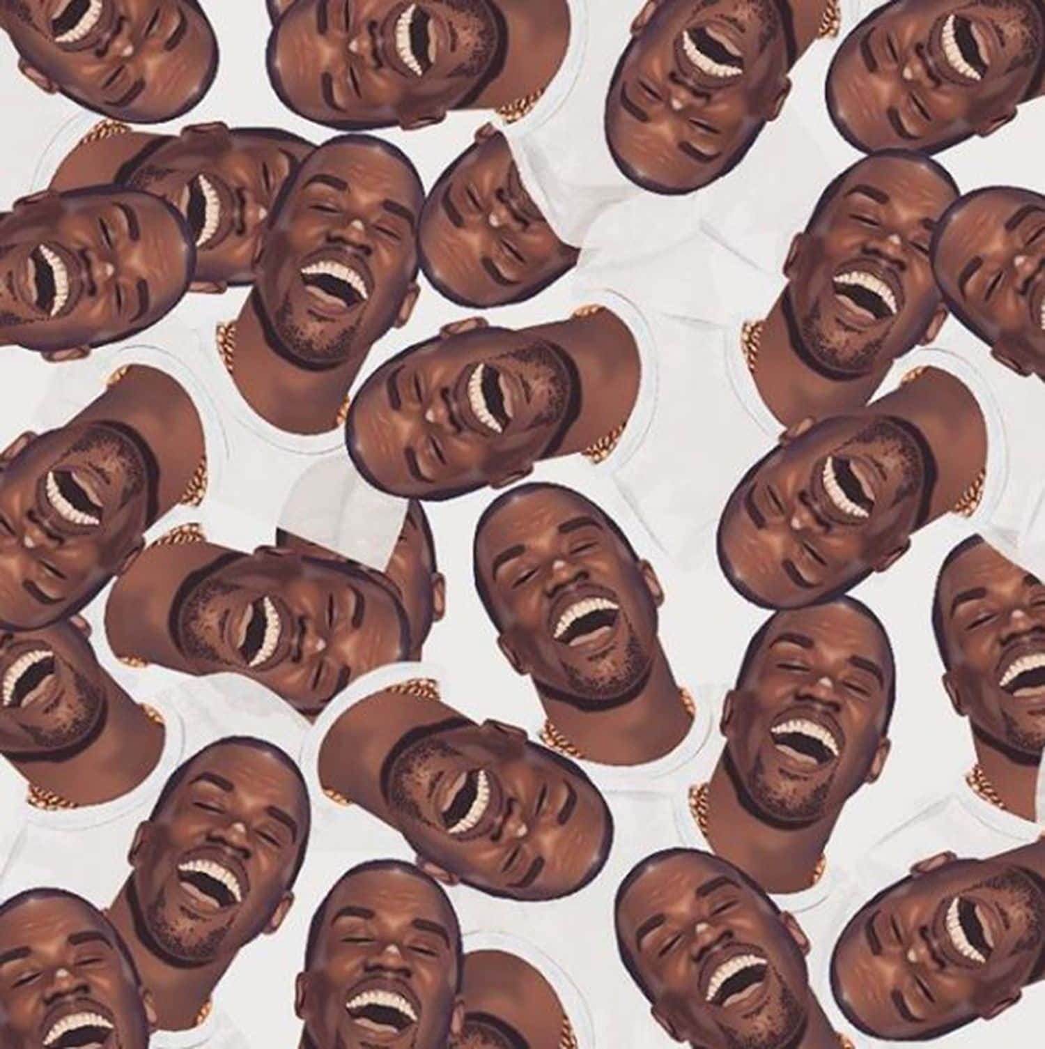 Kanye 桌布 壁紙 — 重複的快樂肖像，一個男人穿著白色T恤，戴著金鏈，在淺色背景上大笑。