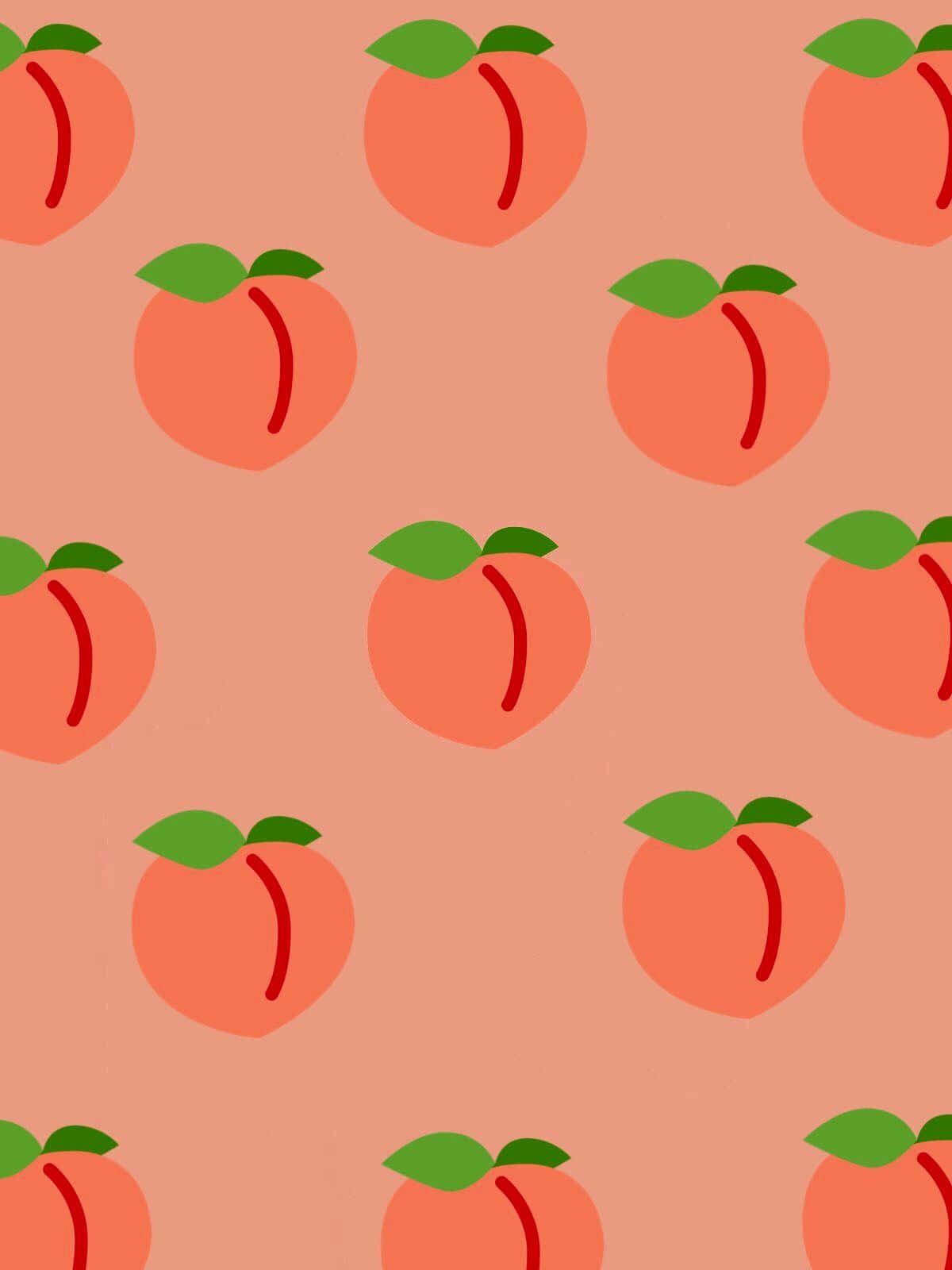 Peach iPhone 桌布 壁紙 — 重複的桃子插圖，帶有綠色葉子，在柔和的珊瑚色背景上，以乾淨的向量風格呈現。