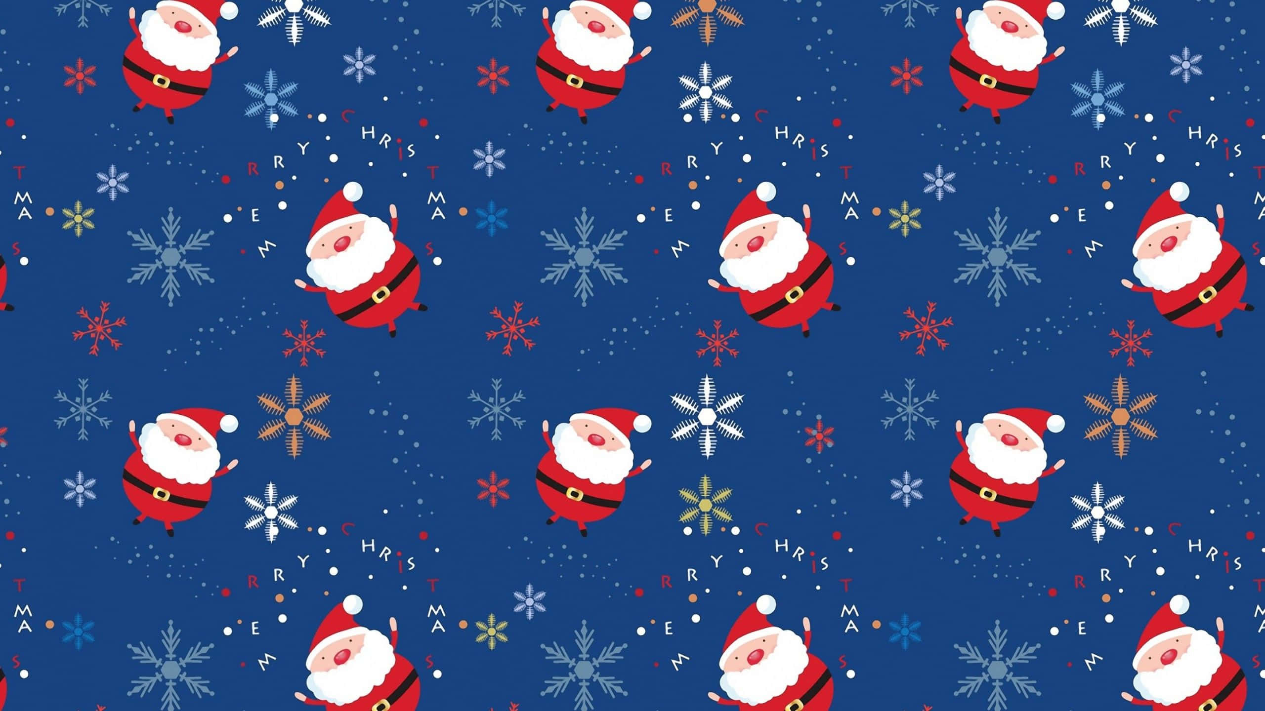 Santa Claus 桌布 壁紙 — 重複的歡樂卡通聖誕老人公仔和雪花在深藍色節日壁紙上跳舞。
