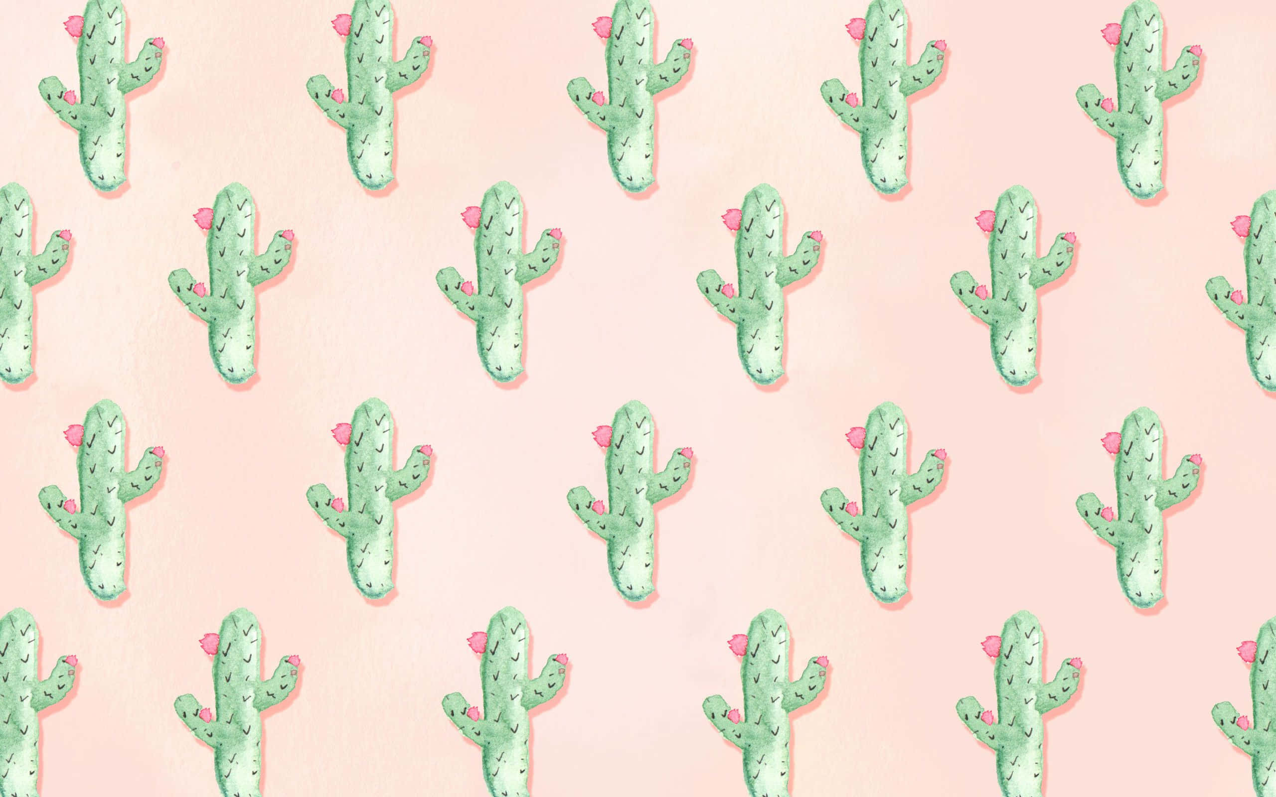 Kawaii Cactus 桌布 壁紙 — 重複的水彩仙人掌，帶有粉紅色花朵，在柔和的蜜桃色背景上。