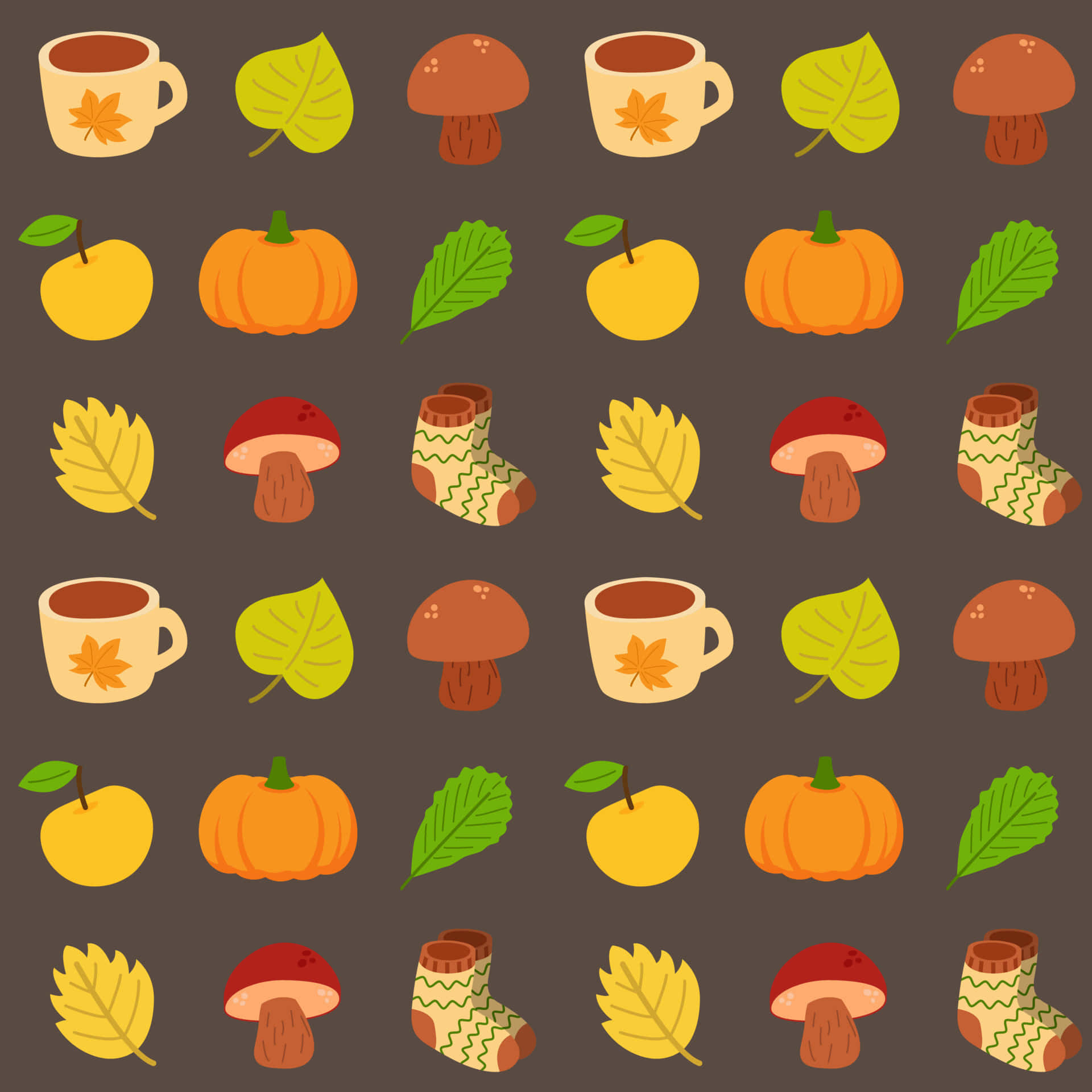Fall Festival 桌布 壁紙 — 重複的秋季主題圖標，包括南瓜、蘋果、蘑菇和舒適的襪子，在深棕色背景上。