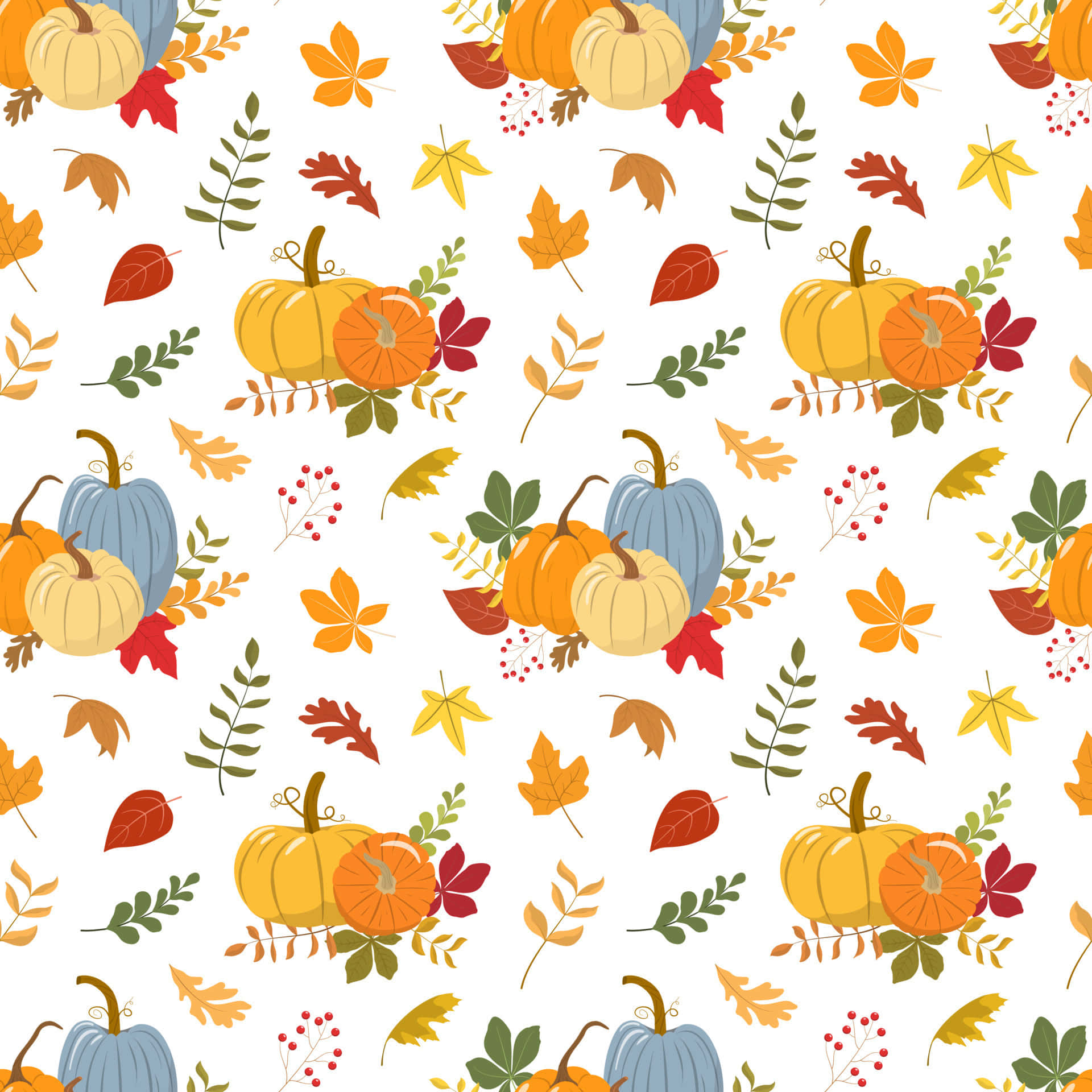 Fall Harvest 桌布 壁紙 — 重複的秋季圖案，以南瓜、樹葉和漿果為特色，採用溫暖的秋季色調，白色背景。