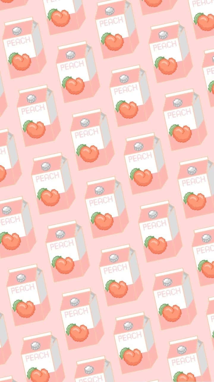 Peach iPhone 桌布 壁紙 — 重複的蜜桃汁盒圖案，採用柔和粉紅色調，帶有像素化蜜桃插圖。
