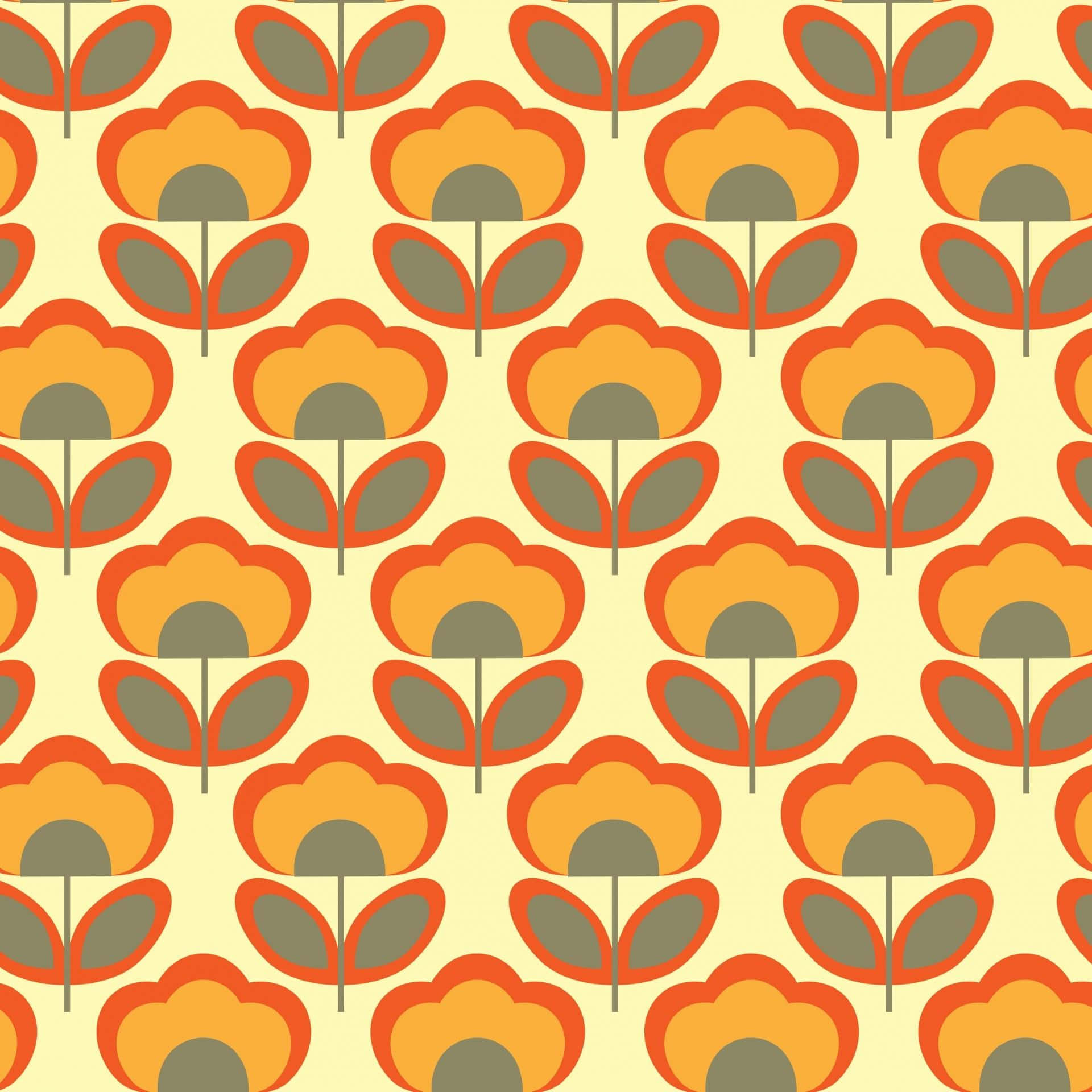 Psychedelic 70s Aesthetic 桌布 壁紙 — 重複的風格化花朵，橙色和橄欖綠色，在奶油色背景上，具有中世紀現代設計。