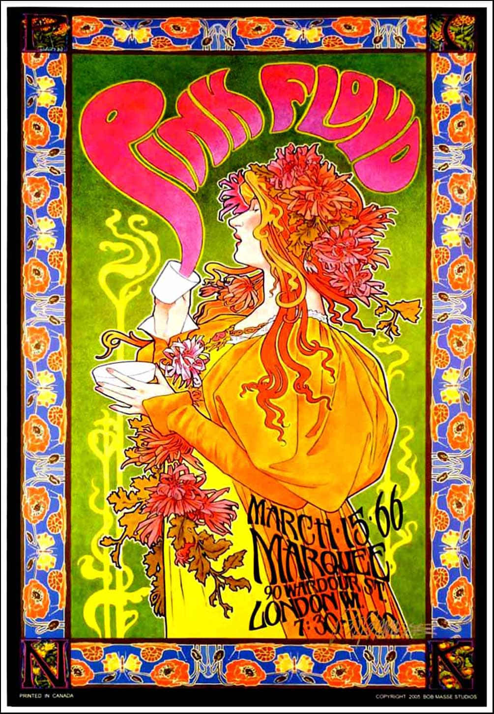 Pink Floyd 演唱會海報，女性呼出粉紅色煙霧，周圍環繞花朵