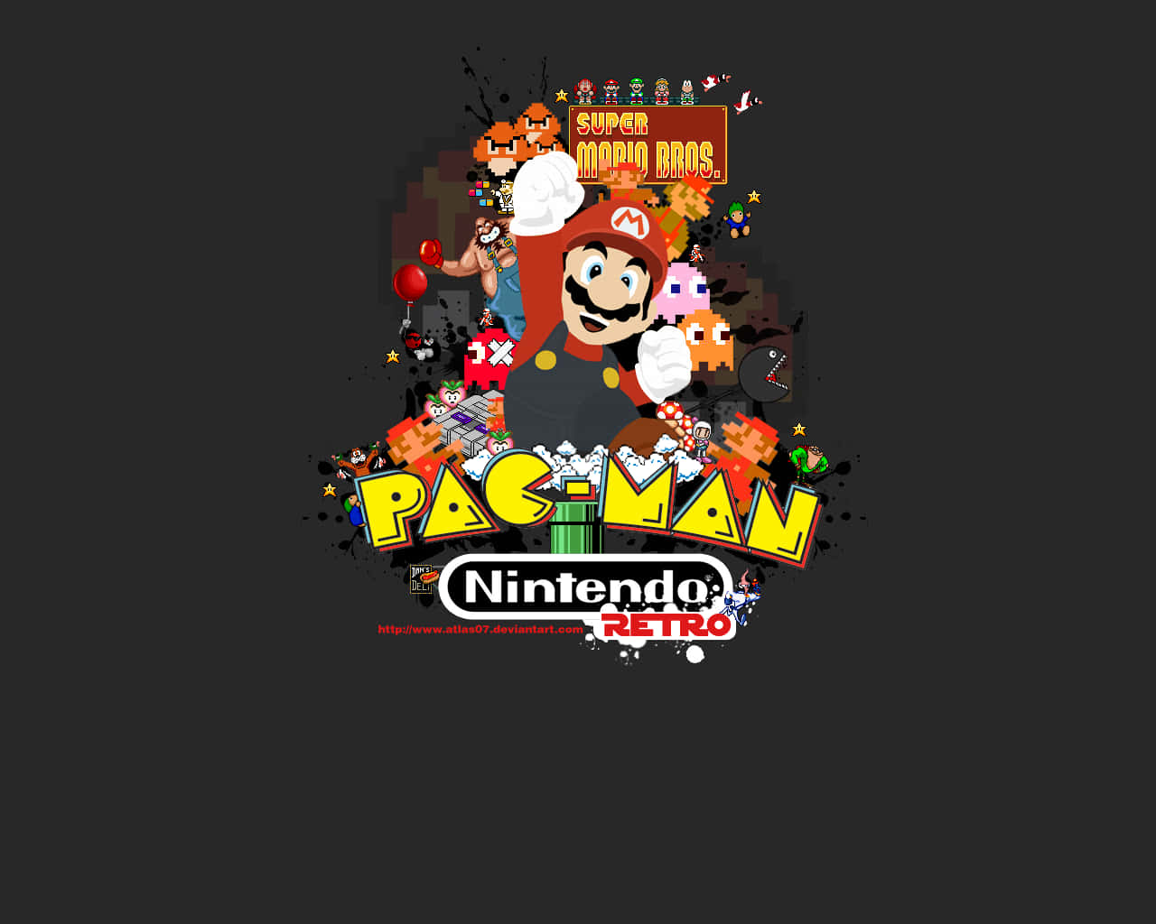 復古遊戲標誌拼貼畫， featuring Mario 和 Pac-Man 被經典任天堂角色包圍。