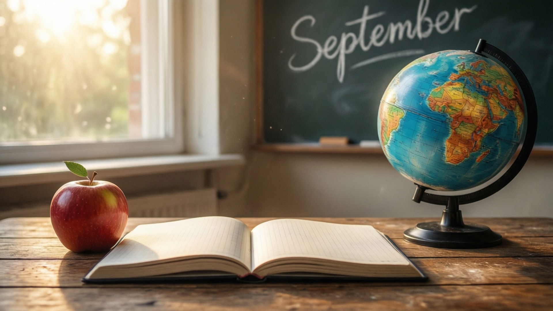 打開的筆記本 蘋果 地球儀 黑板 September 陽光 木桌