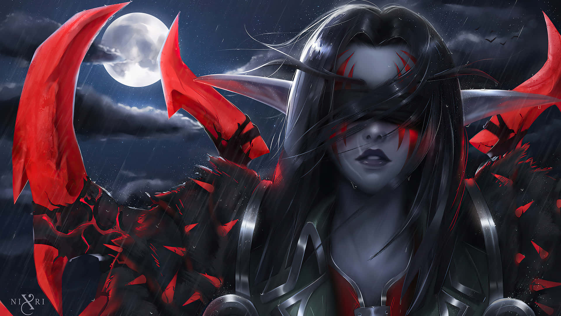 一位擁有紅色角和發光眼睛的惡魔女戰士，在滿月下。