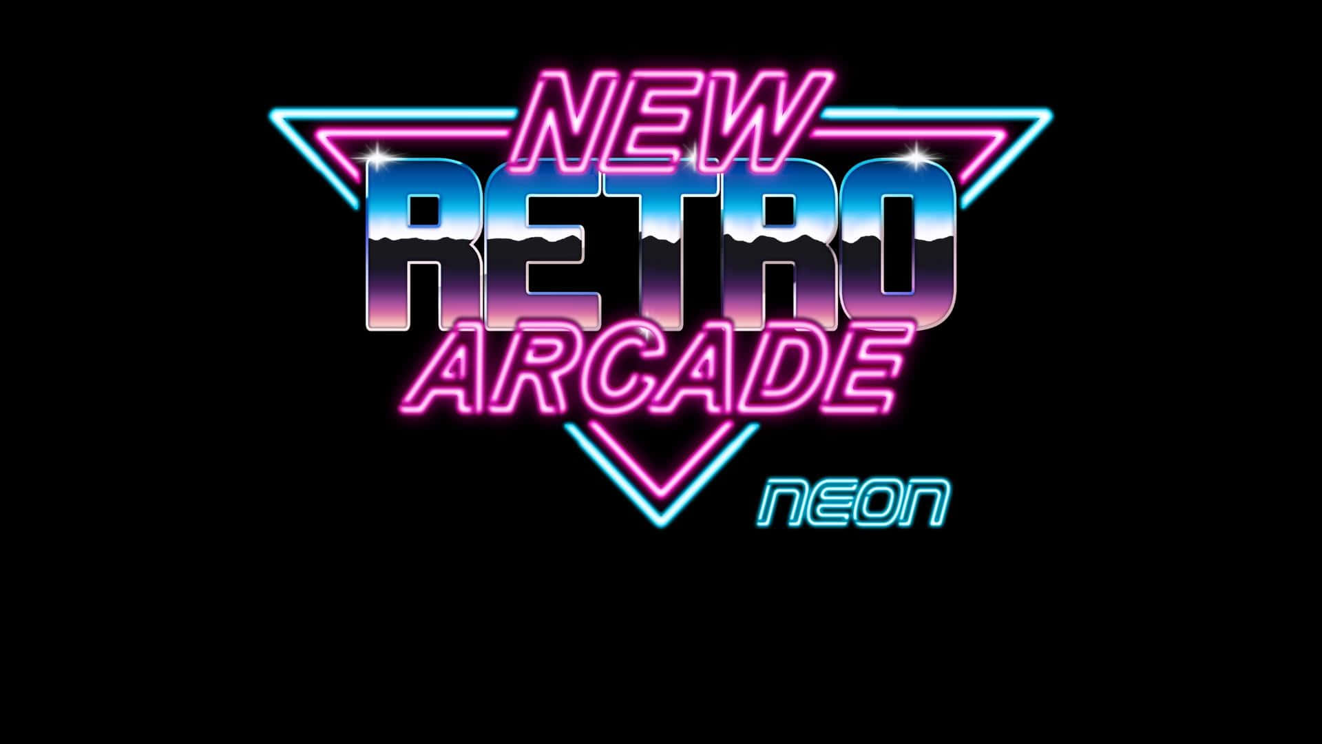 New Retro Arcade 的霓虹燈牌，黑色背景上帶有粉紅、藍色和紫色漸變文字。