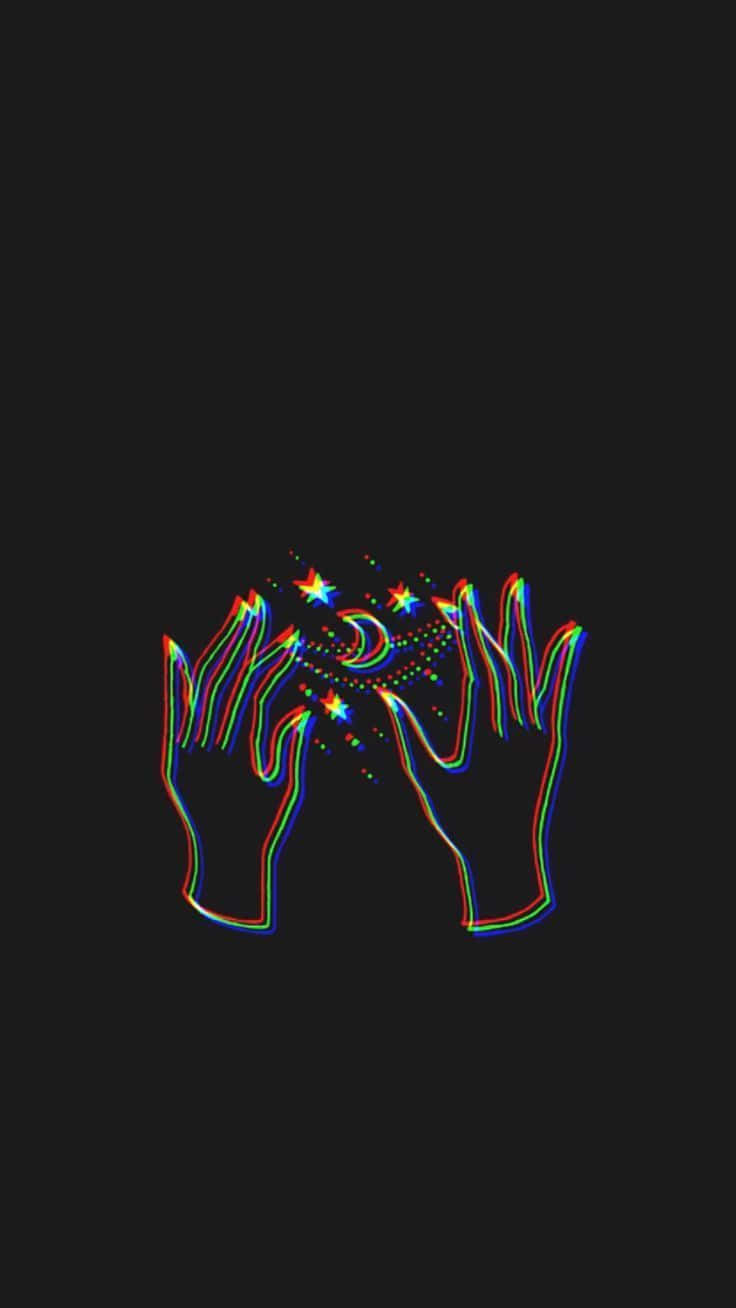 兩隻發光的手在黑色背景上，以彩虹輪廓托著星星和月亮。