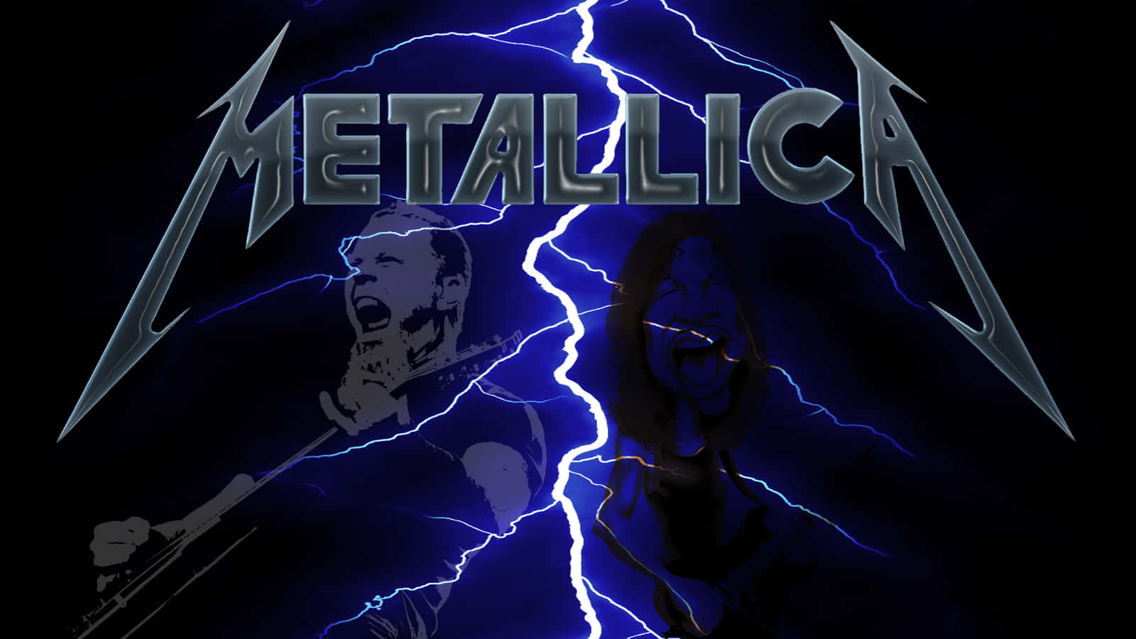 Metallica 樂隊標誌，帶有閃電和尖叫的音樂家剪影，深藍色背景。 — Metallica GIF 壁紙