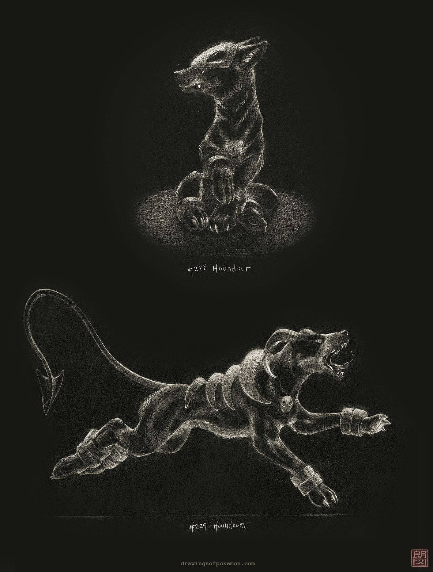 野外威武的獵犬 壁紙 — 兩隻炭筆風格嘅寶可夢 Houndour 同 Houndoom，喺柔和燈光嘅深色背景上以動態姿勢呈現。