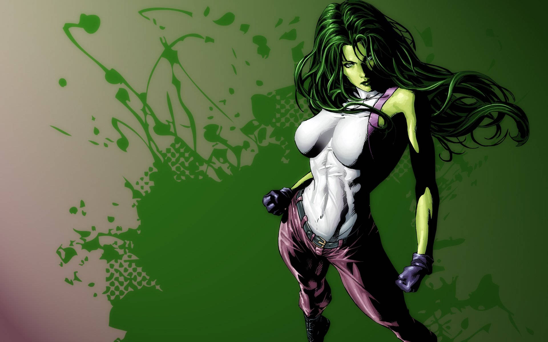 She-Hulk 以超級英雄姿勢，綠色頭髮和紫色褲子，在綠色背景前。