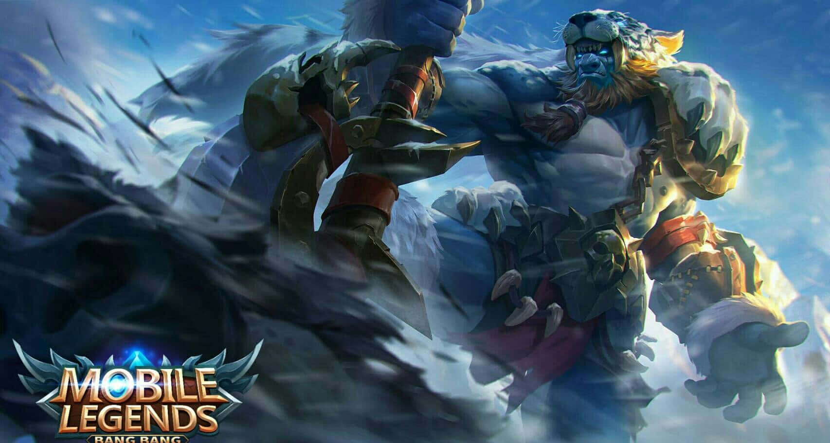 野性獵手巴爾蒙德《Mobile Legends》 壁紙 — 一個肌肉發達、藍皮膚、具有老虎特徵和羽毛盔甲的戰士，在明亮的天空下，於旋轉的黑暗能量中向前衝刺。