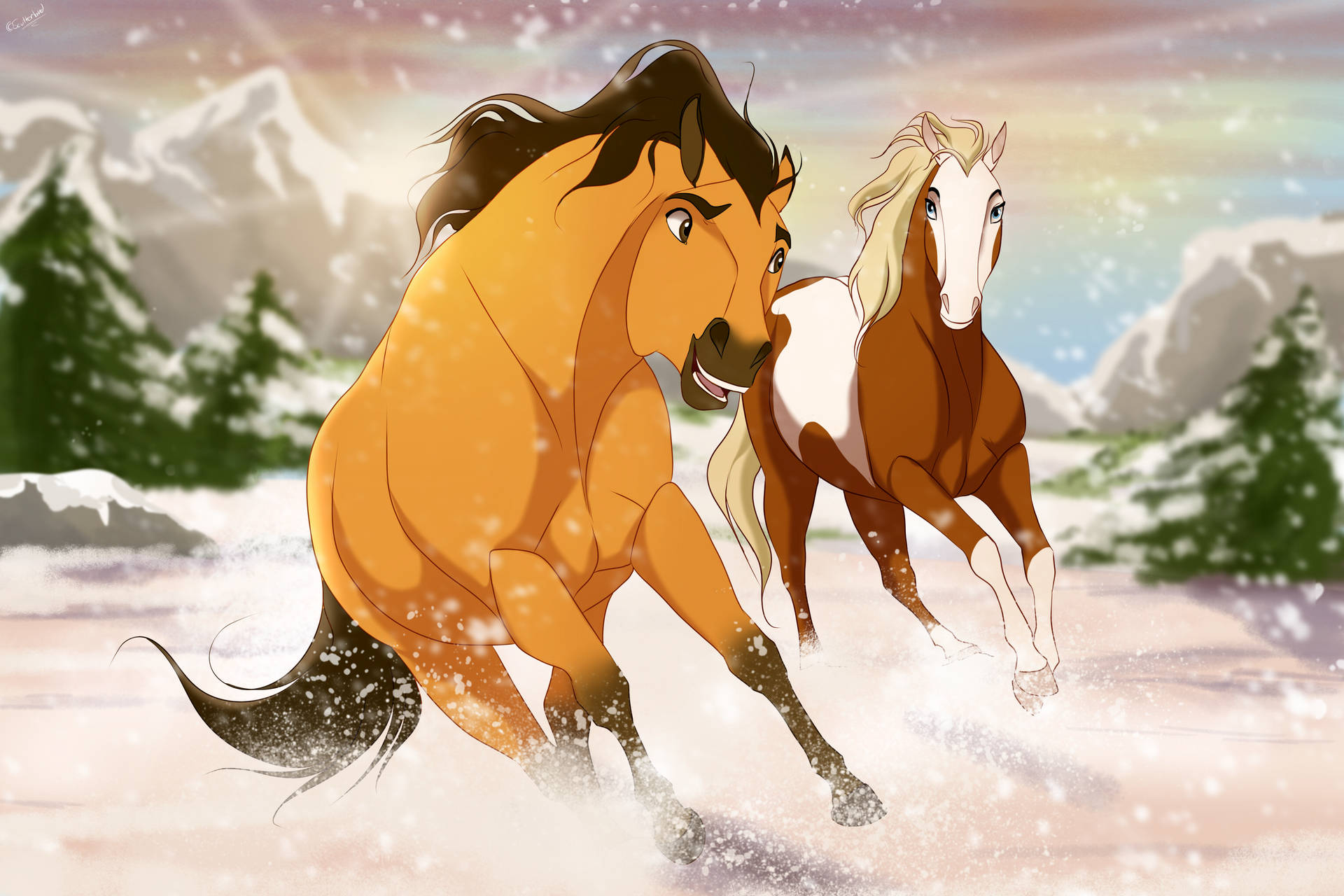 兩匹動畫馬在雪中奔跑，身後有山脈和樹木。 — 動物 壁紙