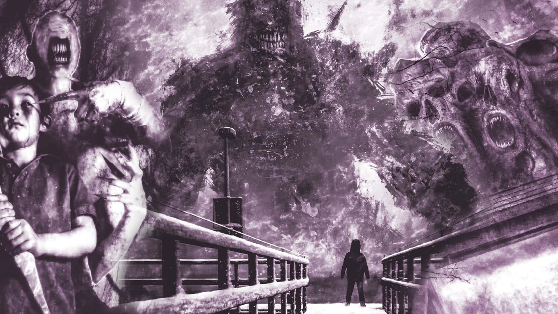 野獸：原始 壁紙 — 一個孤獨的身影走過一座橋，朝向紫色噩夢景觀中逼近的怪物般尖叫面孔。