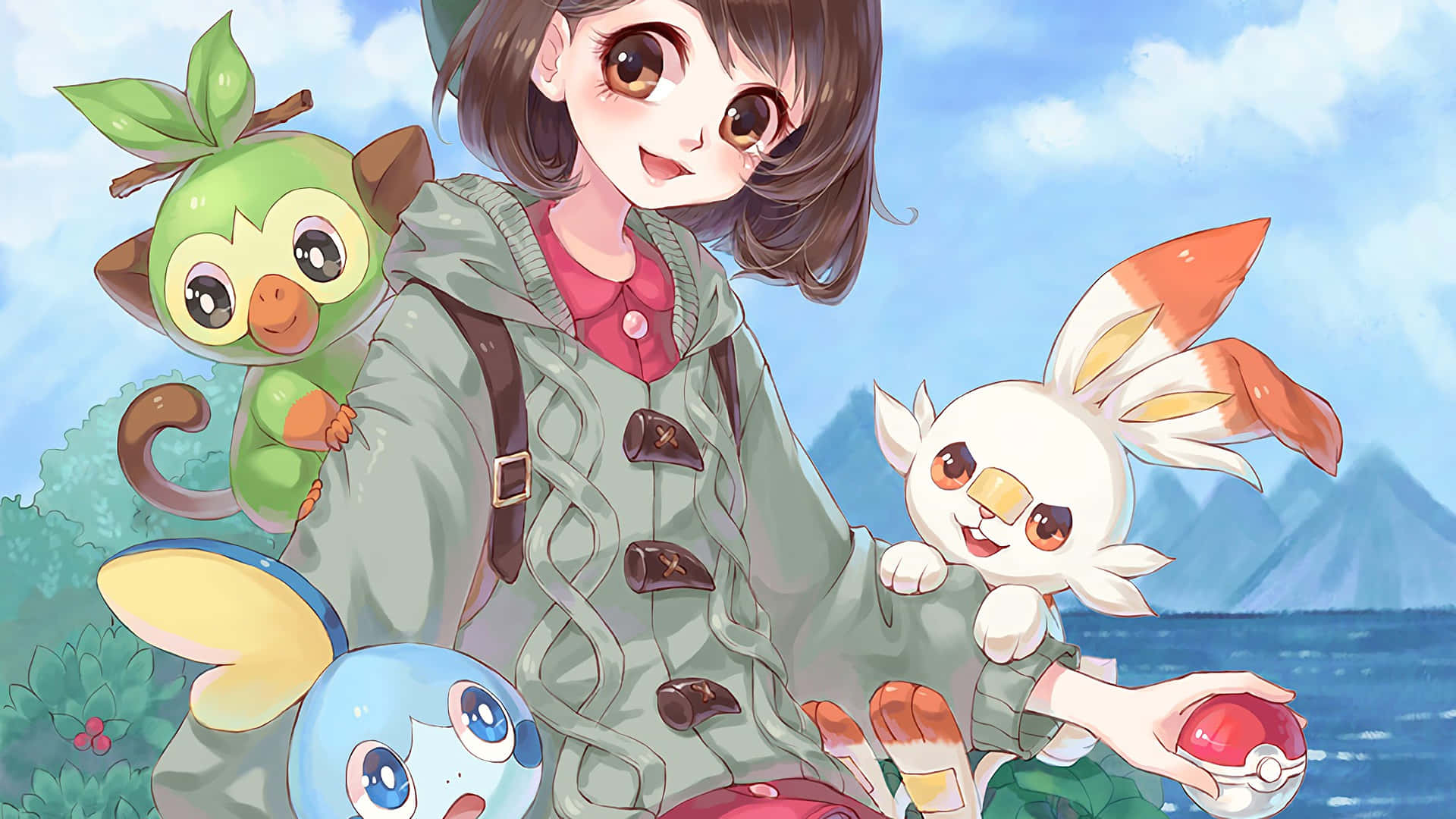 野生中嬉戲的Grookey 壁紙 — 一個穿著綠色外套的開朗動畫女孩微笑著，手持精靈球，被三隻色彩繽紛的寶可夢包圍，背景是明亮的藍天和遠山。