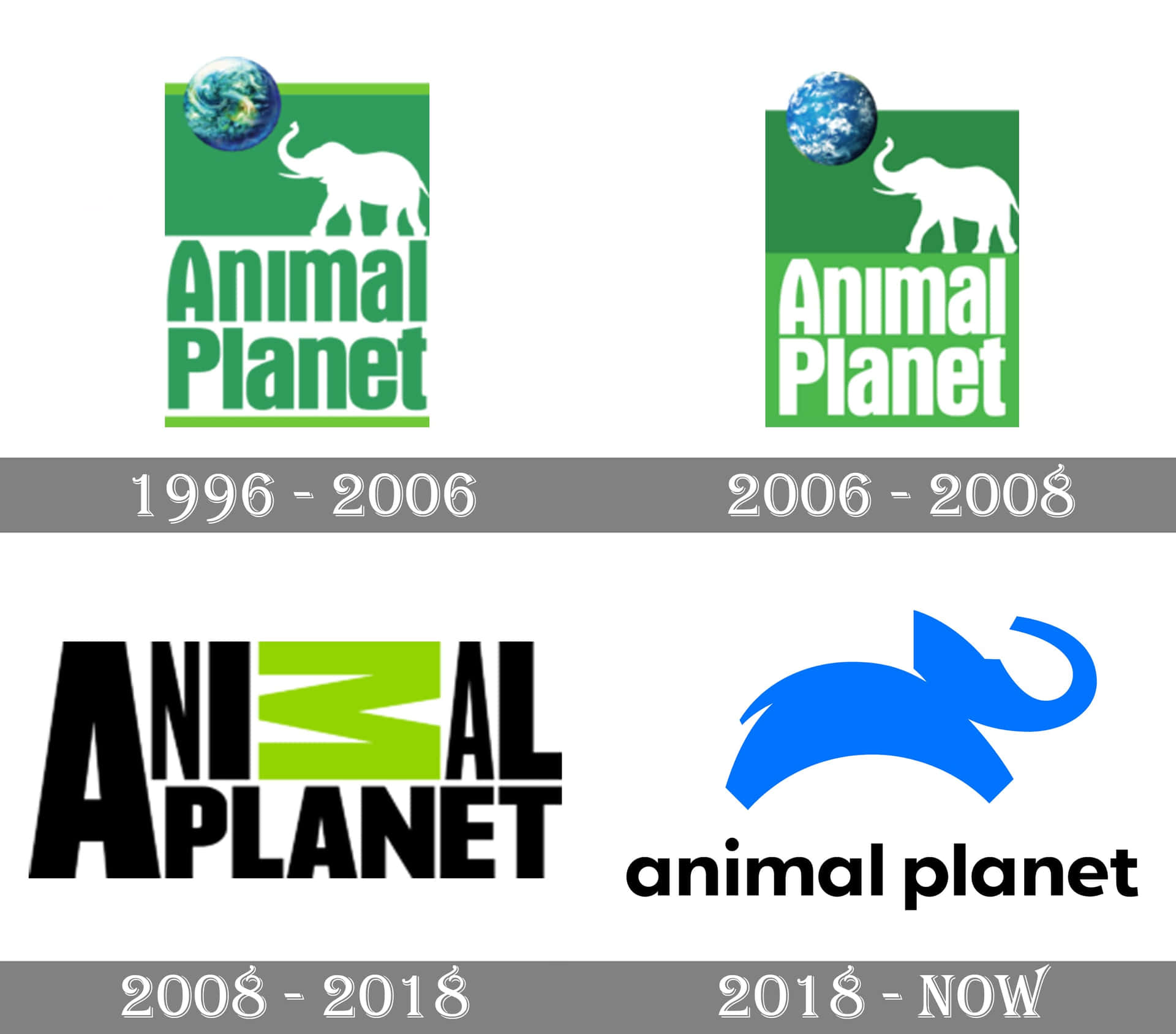 Animal Planet標誌從1996年至今的演變，以四個版本展示。