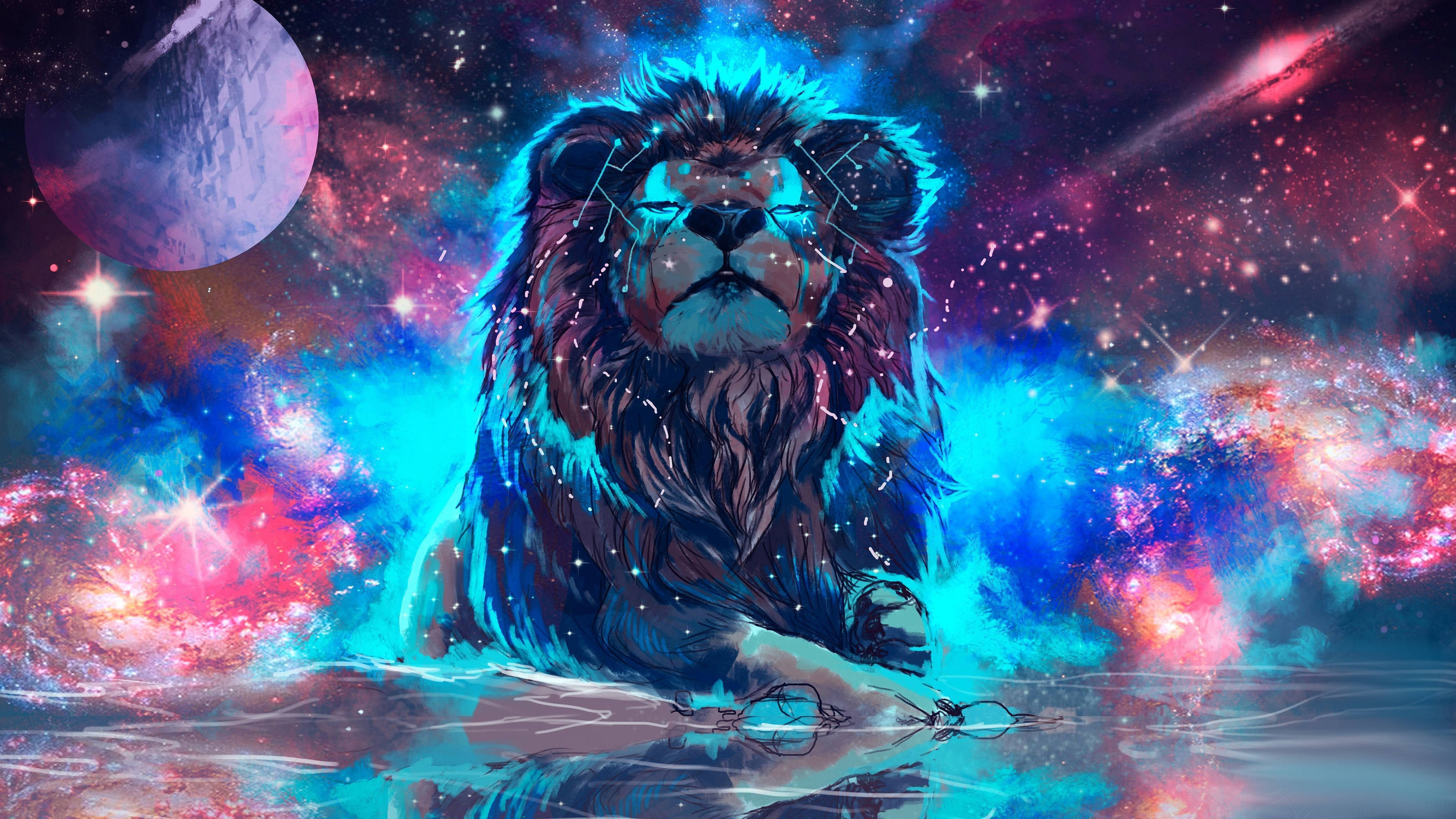 野生動物霓虹藝術 壁紙 — 一頭雄偉的獅子，擁有發光的藍色鬃毛，坐在宇宙水域中，周圍環繞著充滿活力的星雲和星星。