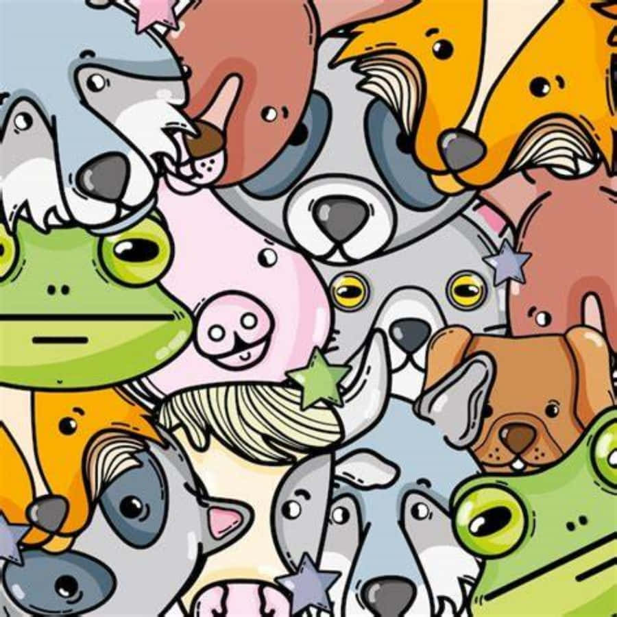 一幅色彩繽紛的卡通拼貼畫，描繪了可愛的動物，如狗、貓和青蛙，以有趣的圖案呈現。