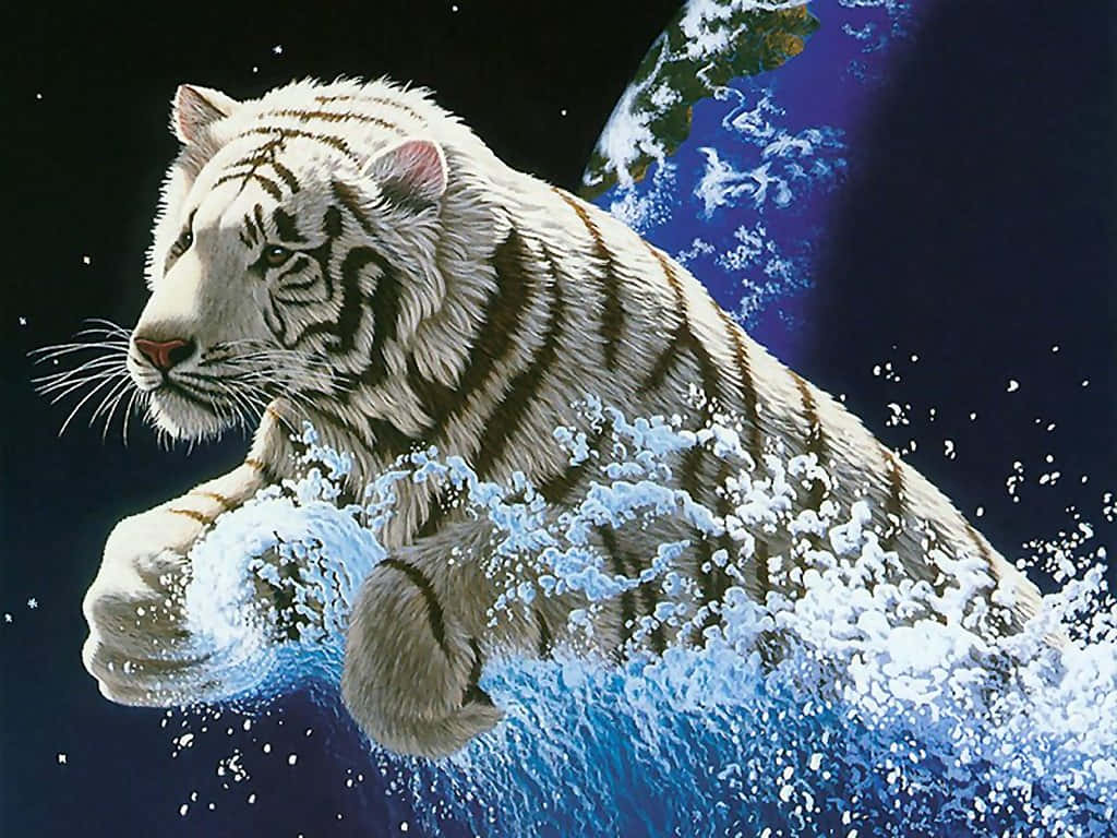 白虎穿過海浪，背景有地球