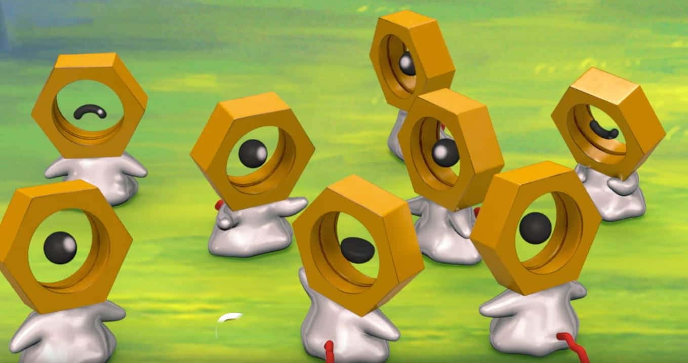 野生的多隻Meltan 壁紙 — 一群可愛的六角形頭部生物，大眼睛，站在充滿活力的綠色田野上。