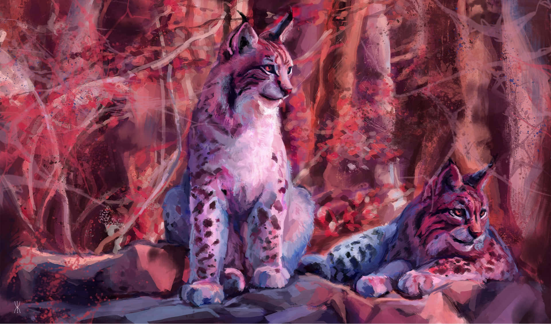 兩隻猞猁在色彩繽紛的森林中休息，帶有紅色和紫色色調。
