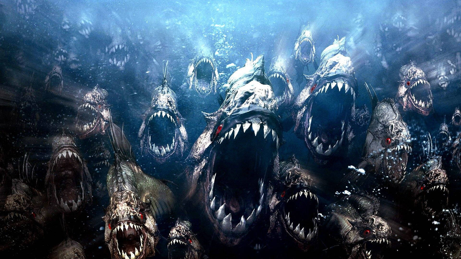 恐怖場景：發光紅眼的食人魚從暗水中浮現。