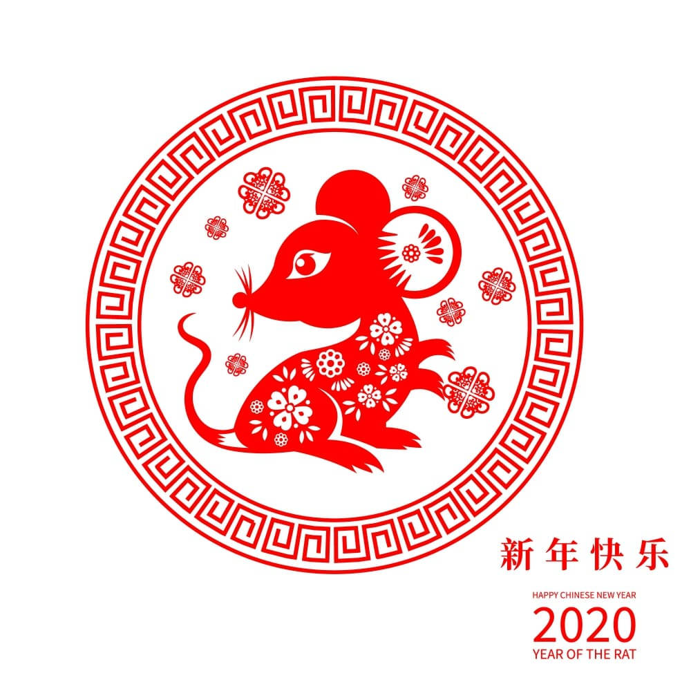 野生鼠的近距離特寫 壁紙 — 一隻鮮紅色嘅剪紙老鼠，飾有花卉圖案，坐喺一個傳統圓形邊框入面，慶祝2020年農曆新年。