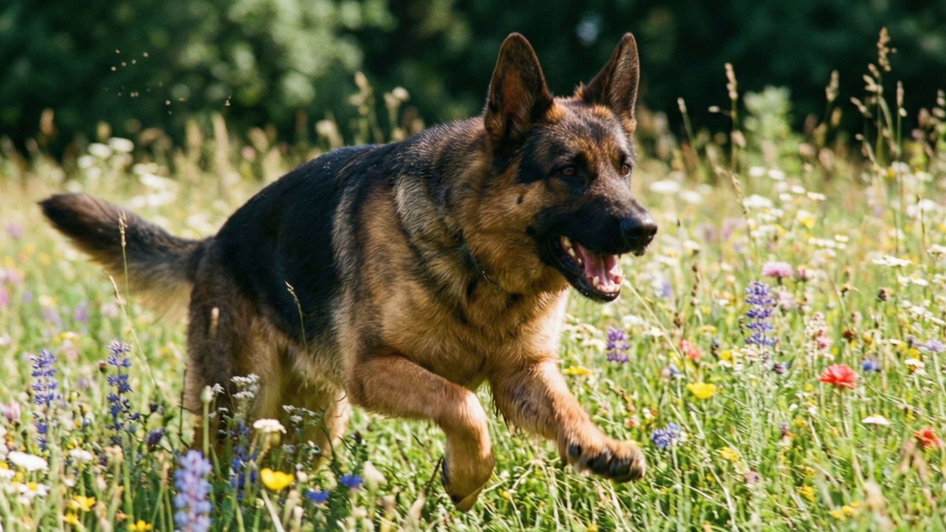 野花奔馳 壁紙 — 一隻快樂的德國牧羊犬在陽光明媚、開滿五顏六色野花和長滿高草的草地上奔跑。