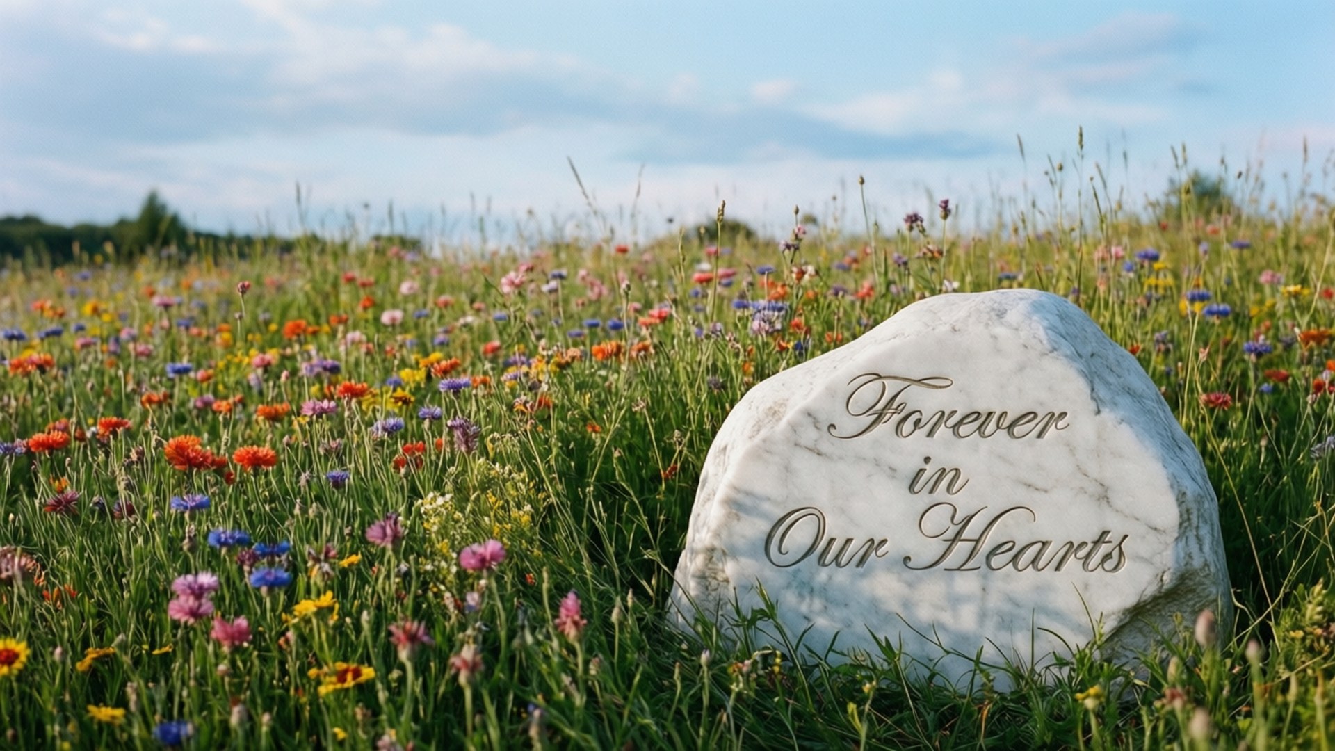 野花紀念 壁紙 — 一塊刻有 Forever in Our Hearts 的大理石，安放在一片生機勃勃的野花田中，上方是柔和的藍天。