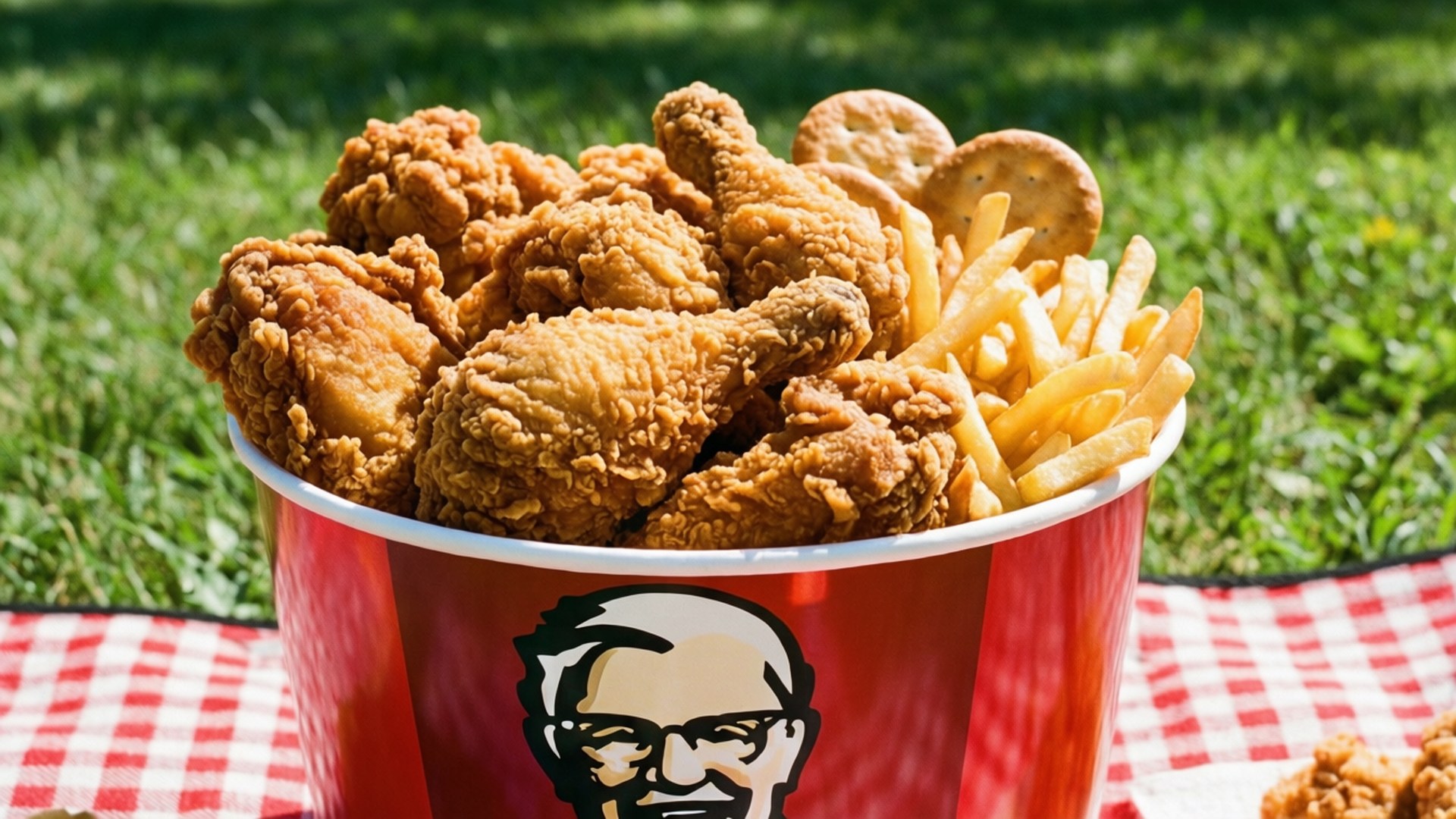 野餐盛宴 壁紙 — 一個紅色KFC桶裝滿金黃色炸雞和薯條，放在紅白格仔毯上，背景是陽光普照的綠色草坪。