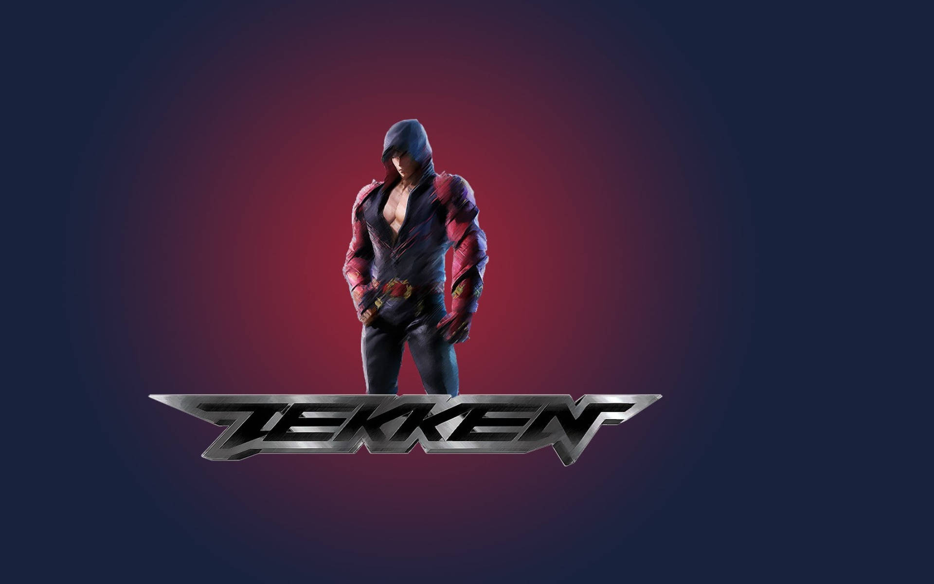金· Kazama Tekken 數位藝術 壁紙 — 一個身穿紅黑盔甲的兜帽戰士自信地站在紅藍漸變背景前，下方有一個金屬質感的Zekken標誌。