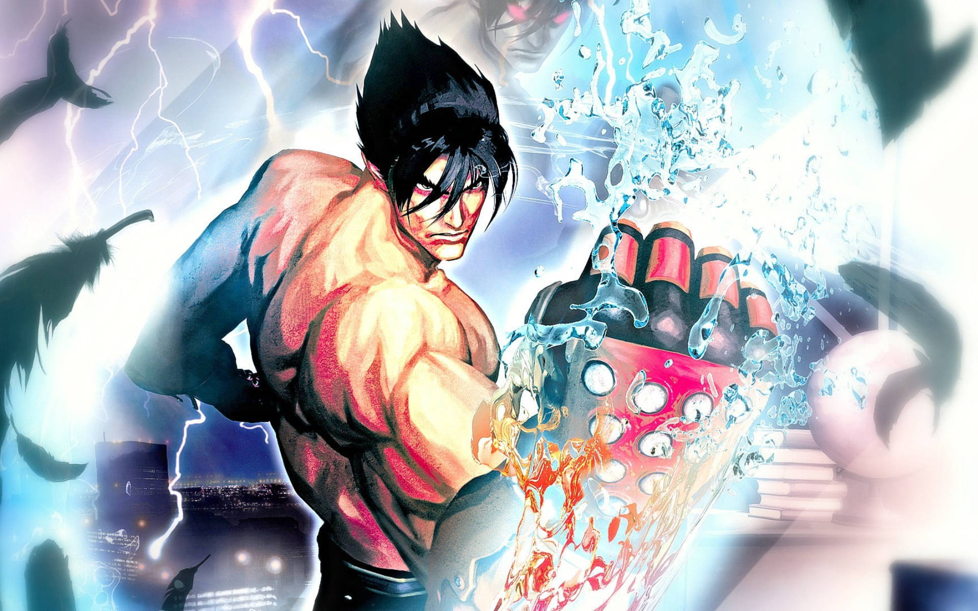 金· Kazama 數位藝術 壁紙 — 一個肌肉發達的動漫戰士在城市天際線背景下，身後閃電劈啪作響，釋放出水屬性攻擊。