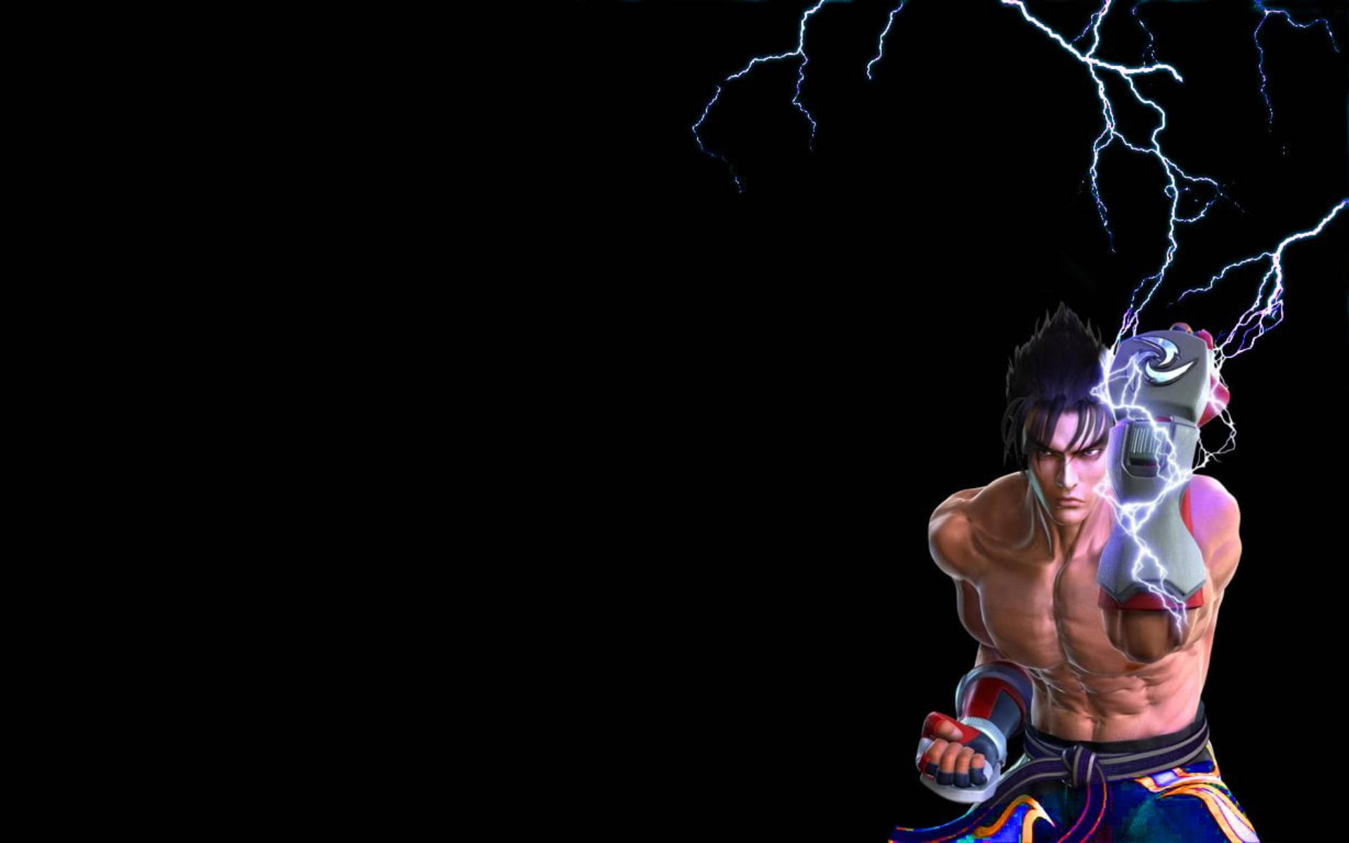 金· Kazama 雷拳 壁紙 — 一個肌肉發達的動漫戰士在黑色背景上，拳頭釋放電能，伴隨著噼啪作響的閃電。