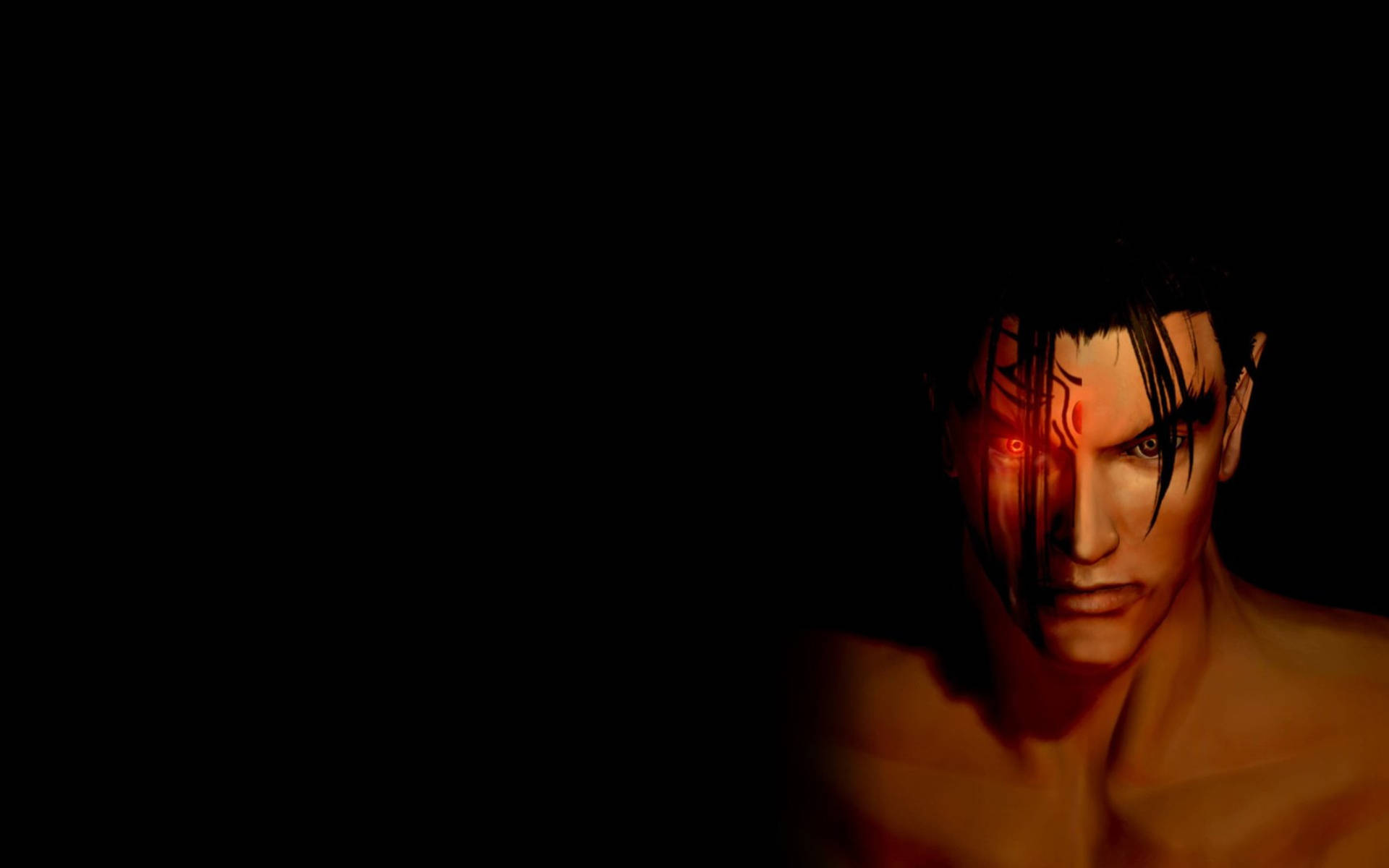 金· Kazama 魔眼 壁紙 — 一個黑暗燈光的男性形象，帶有發光的紅色眼睛和黑色標記，在黑色背景上強烈凝視。