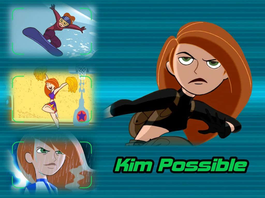 kim possible 桌布 壁紙 — 金·普斯柏在藍色條紋背景前擺出動作姿勢，並附有她滑雪、啦啦隊和雨景的插圖場景。